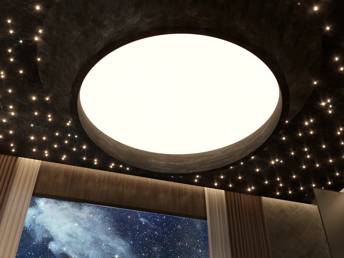 Ceiling with circular glowing moon skylight, fiber optic star points, galaxy screen visible below