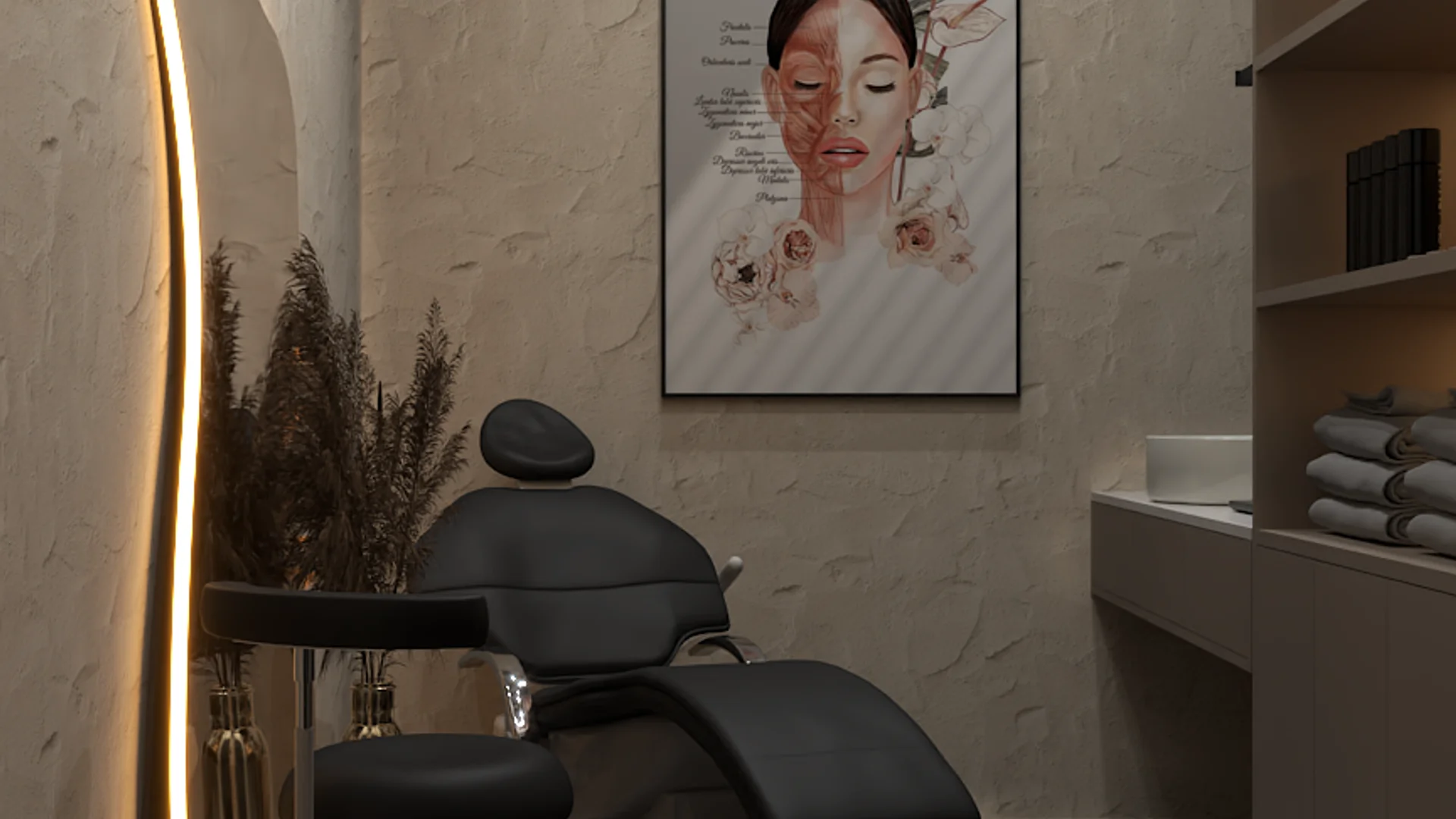 Treatment room with textured plaster walls, vertical arc LED light, portrait art, and dried botanicals