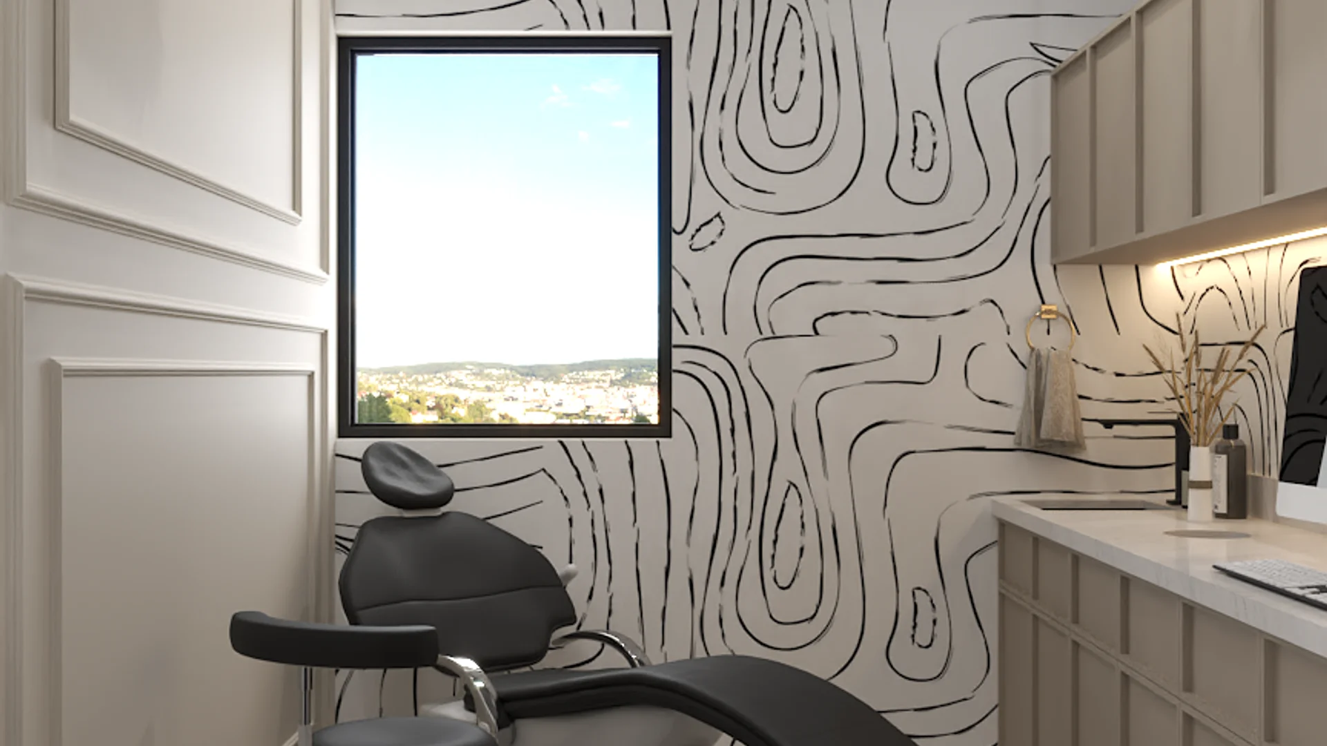 Treatment room with bold black topographic line wallpaper, reclined chair, and city view window