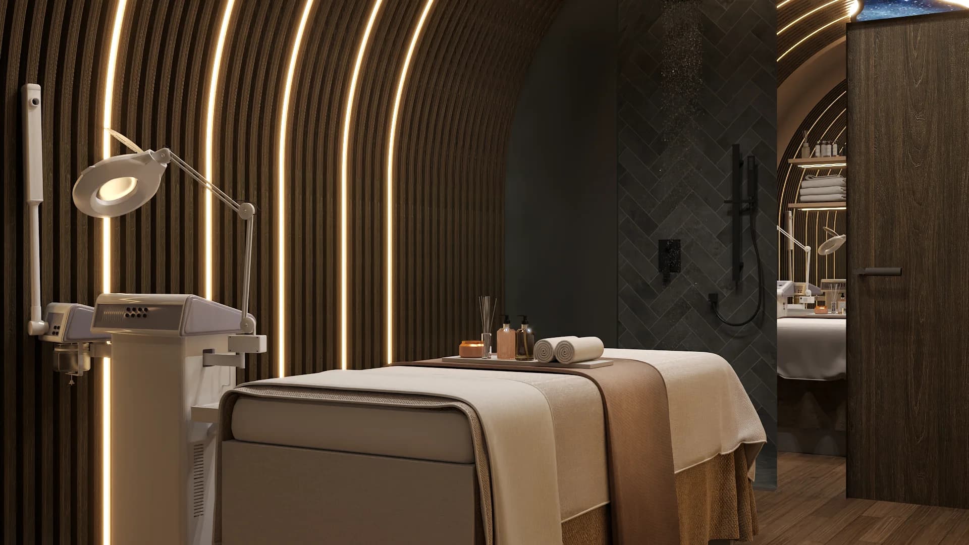 Side view with arched wood slat walls, esthetician lamp, and herringbone tile shower