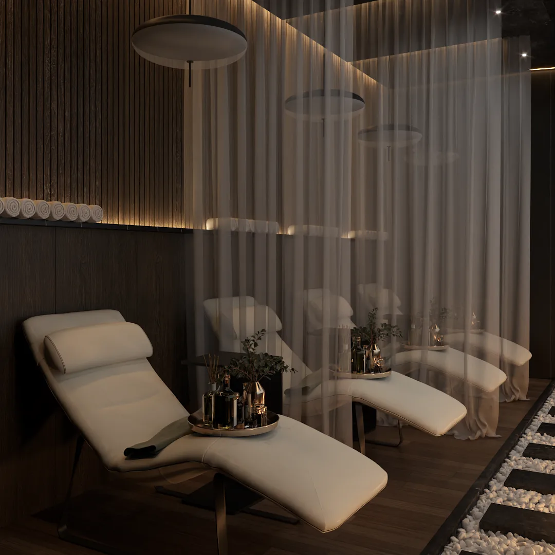 Two white chaises in curtained spa pod, circular pendants overhead, candle tray, wood slat wall