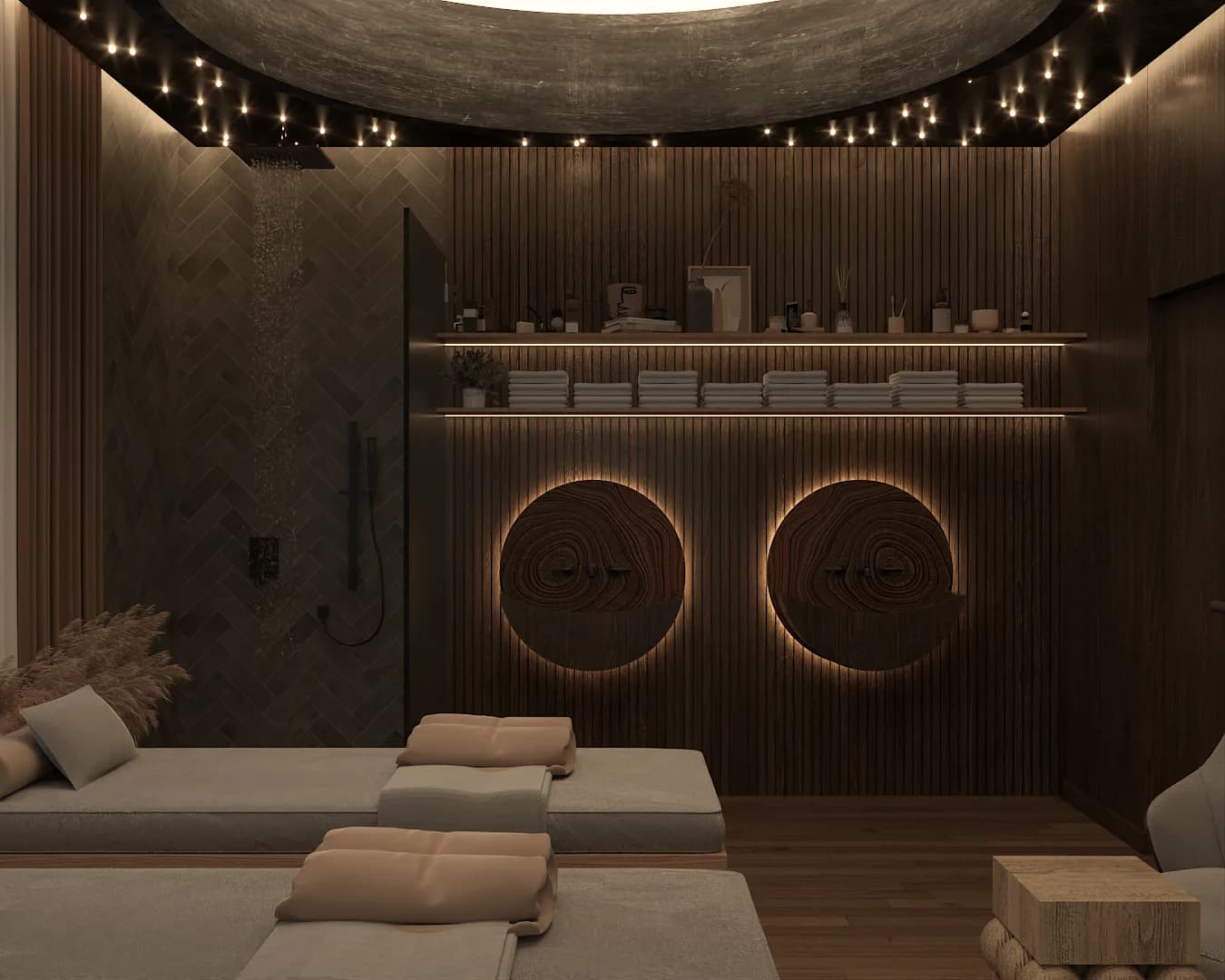 Spa wall with walnut slats, backlit carved disc art, product shelves, dark tile shower area at left