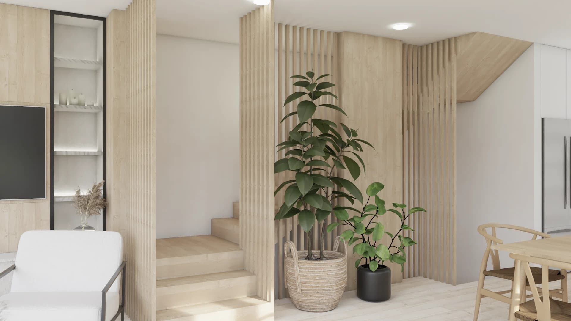Blonde slat stair screen from dining room angle with wishbone chairs