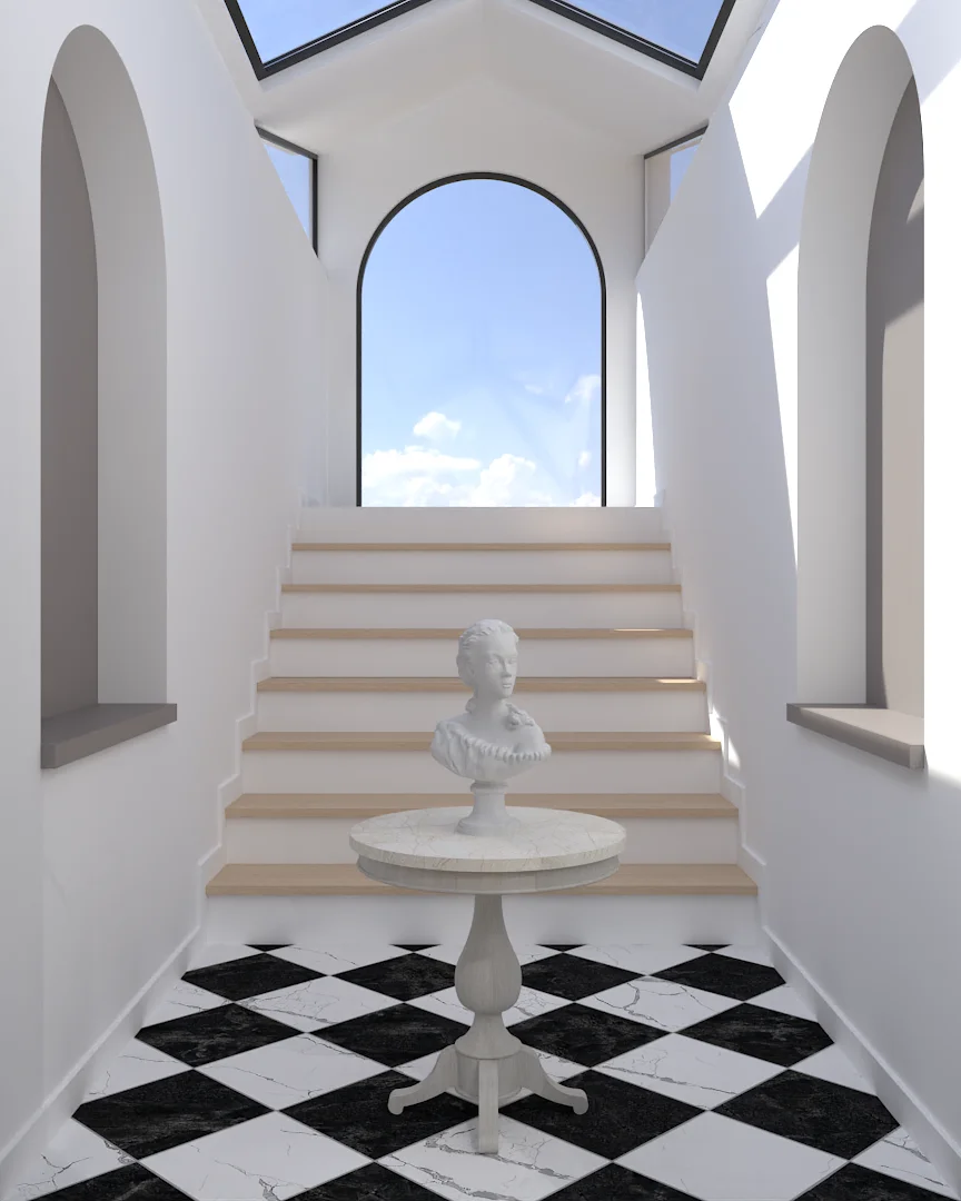 Classical staircase landing with marble bust on pedestal, checkered floor, and arched window with sky view