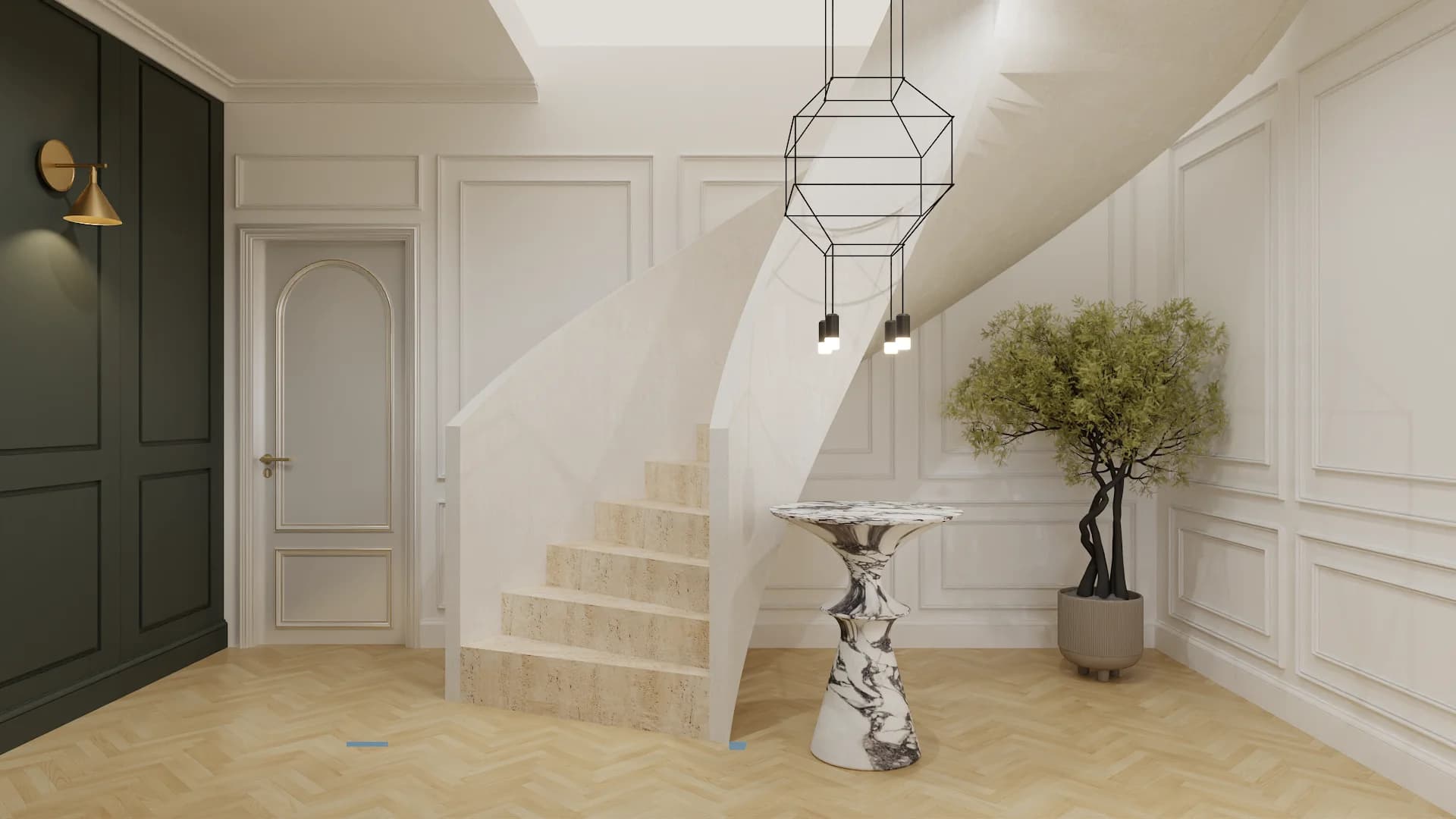 Sculptural curved staircase with travertine treads, geometric octagon pendant, marble pedestal sculpture, and olive tree in oak herringbone foyer