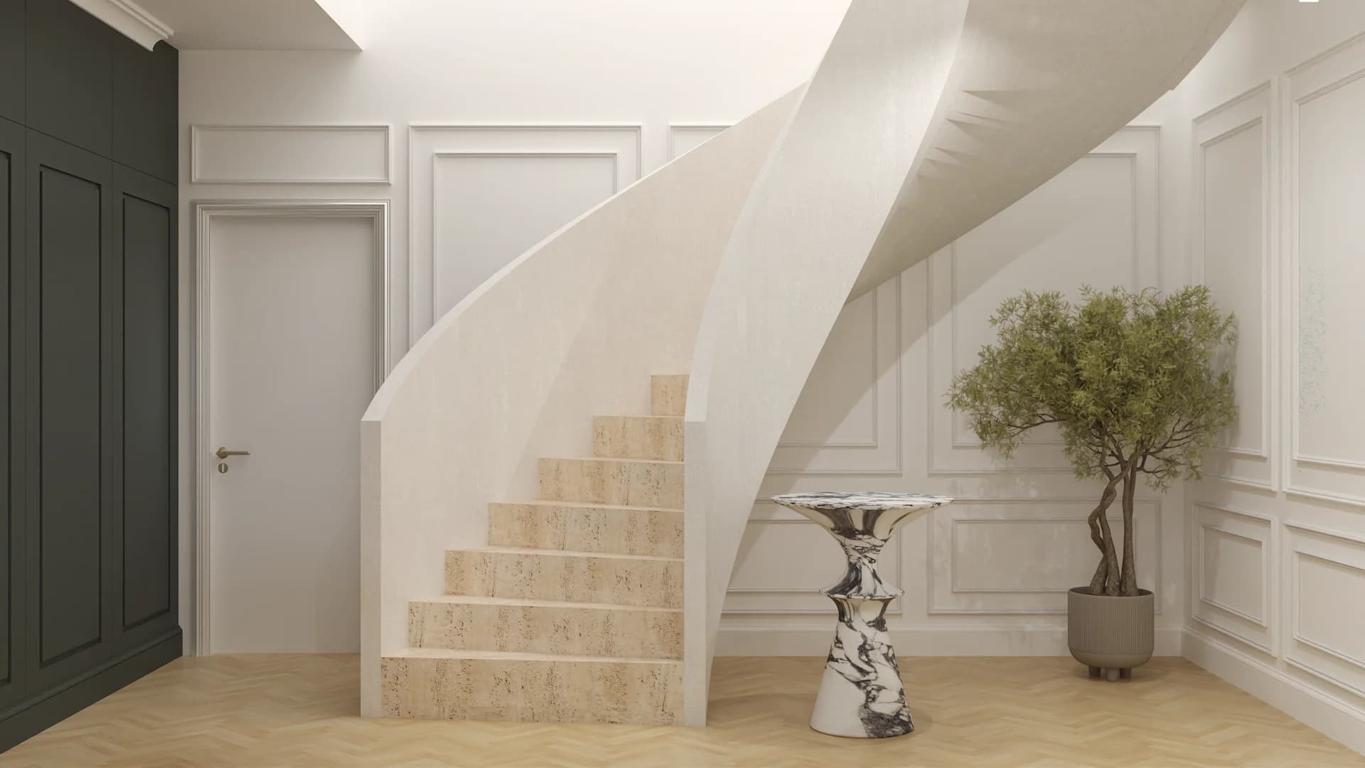 Wide foyer view of curved white staircase with travertine treads and olive tree beside the rise