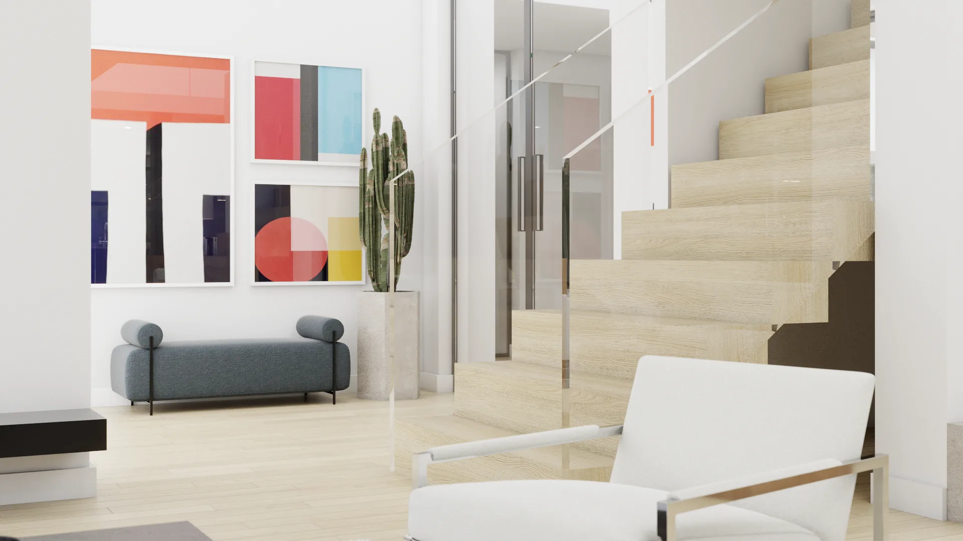 Floating glass-railed staircase with travertine treads beside a six-panel abstract gallery wall in primary colors with tall cactus