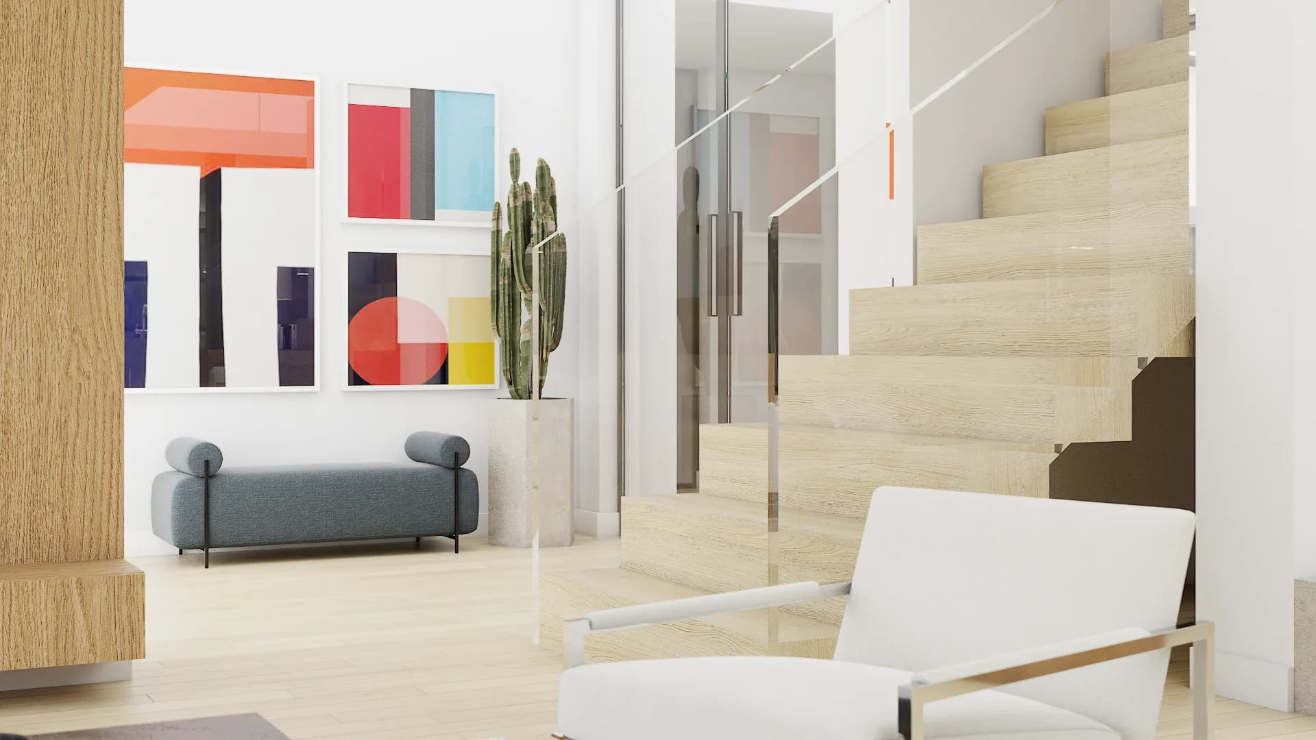 Warm-toned view of glass staircase with slate-blue bench and abstract art wall