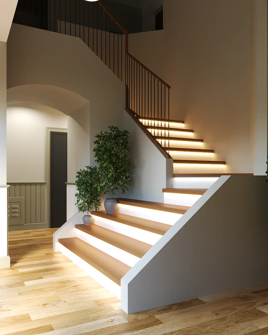 Matte black iron balusters with U-shaped bases, cylindrical newel post, oak floor, white walls and door