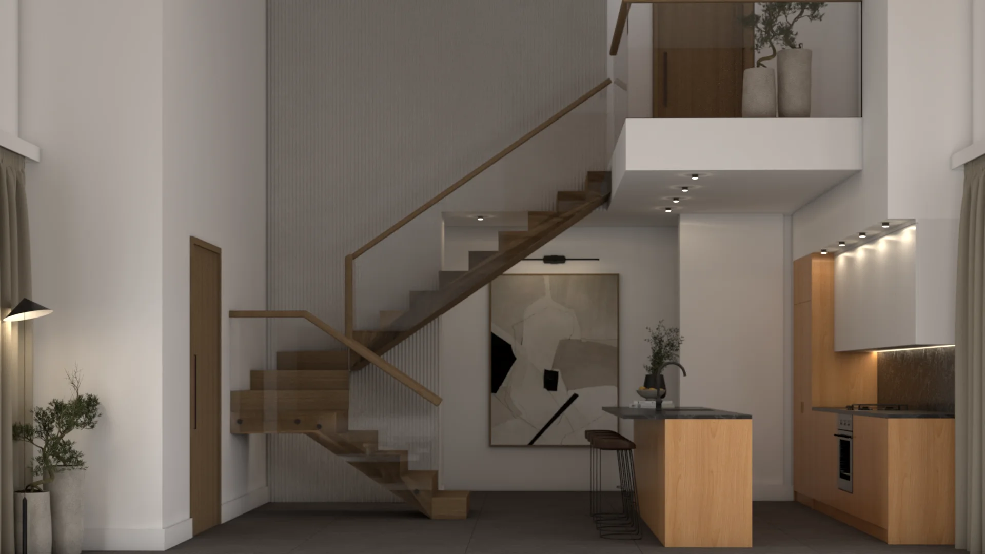 U-shaped oak and glass staircase in a double-height white loft with kitchen peninsula and mezzanine balcony above.