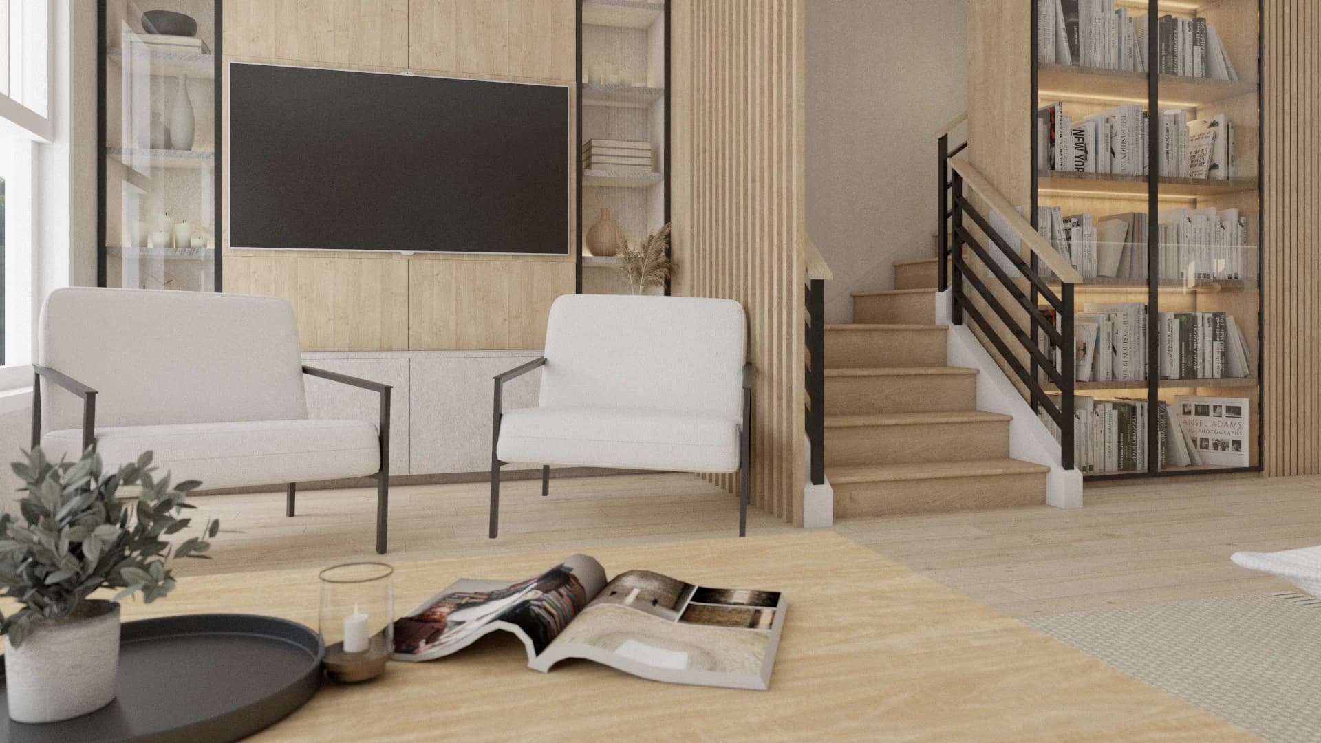 Contemporary open-plan living room with light oak stairs, black metal railing, and a tall lit glass bookcase beside the staircase