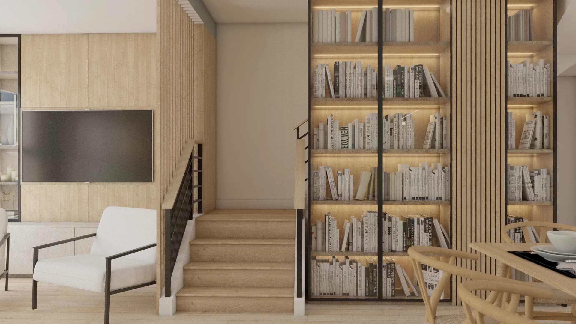 Oak staircase and lit bookcase from wider living room angle