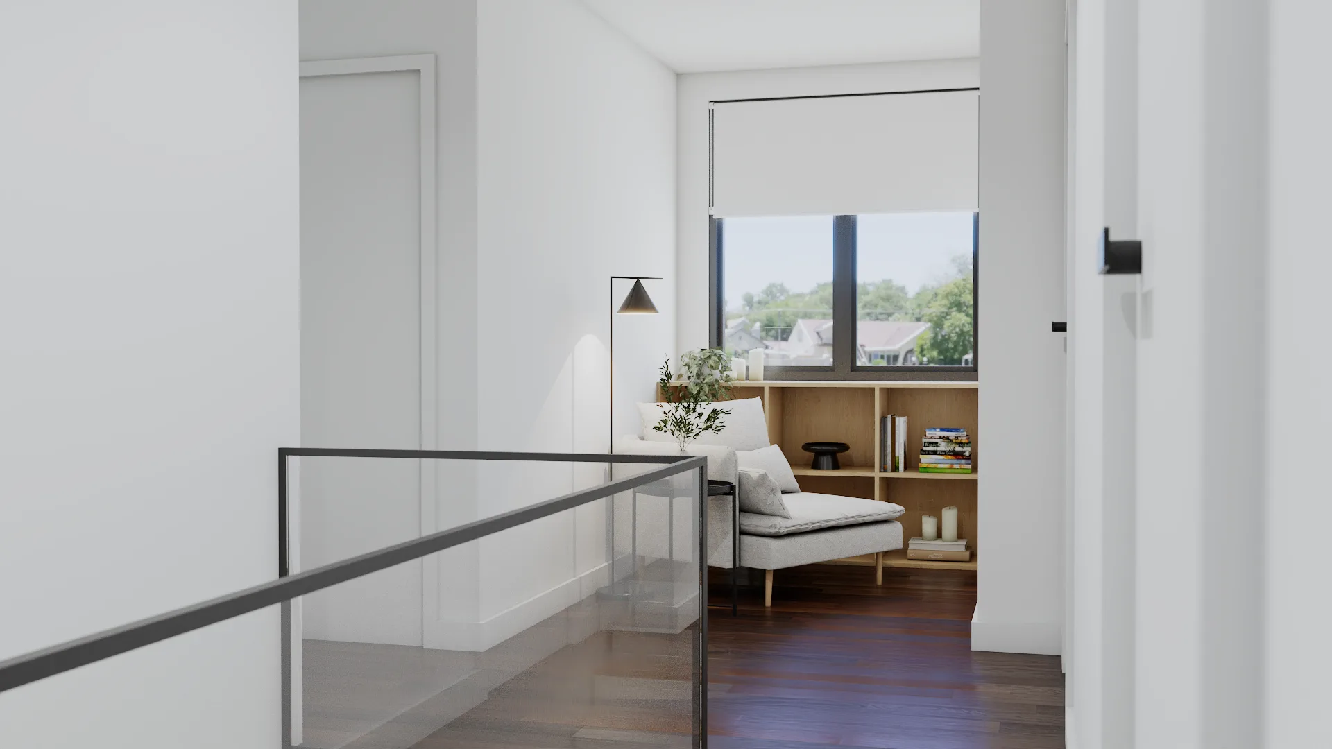 Upper hallway with black-frame glass panel railing, chaise lounge reading nook, built-in oak bookshelf, and dark hardwoo