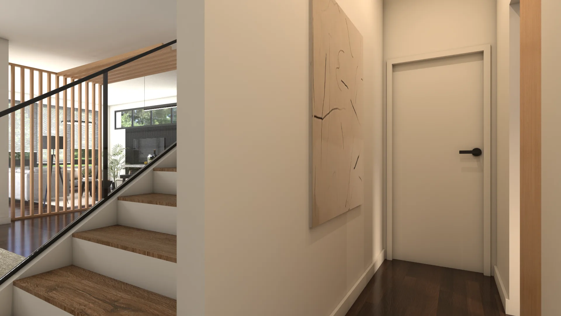 Mid-stair landing with oak vertical spindle railing, black metal handrail, and abstract artwork on w