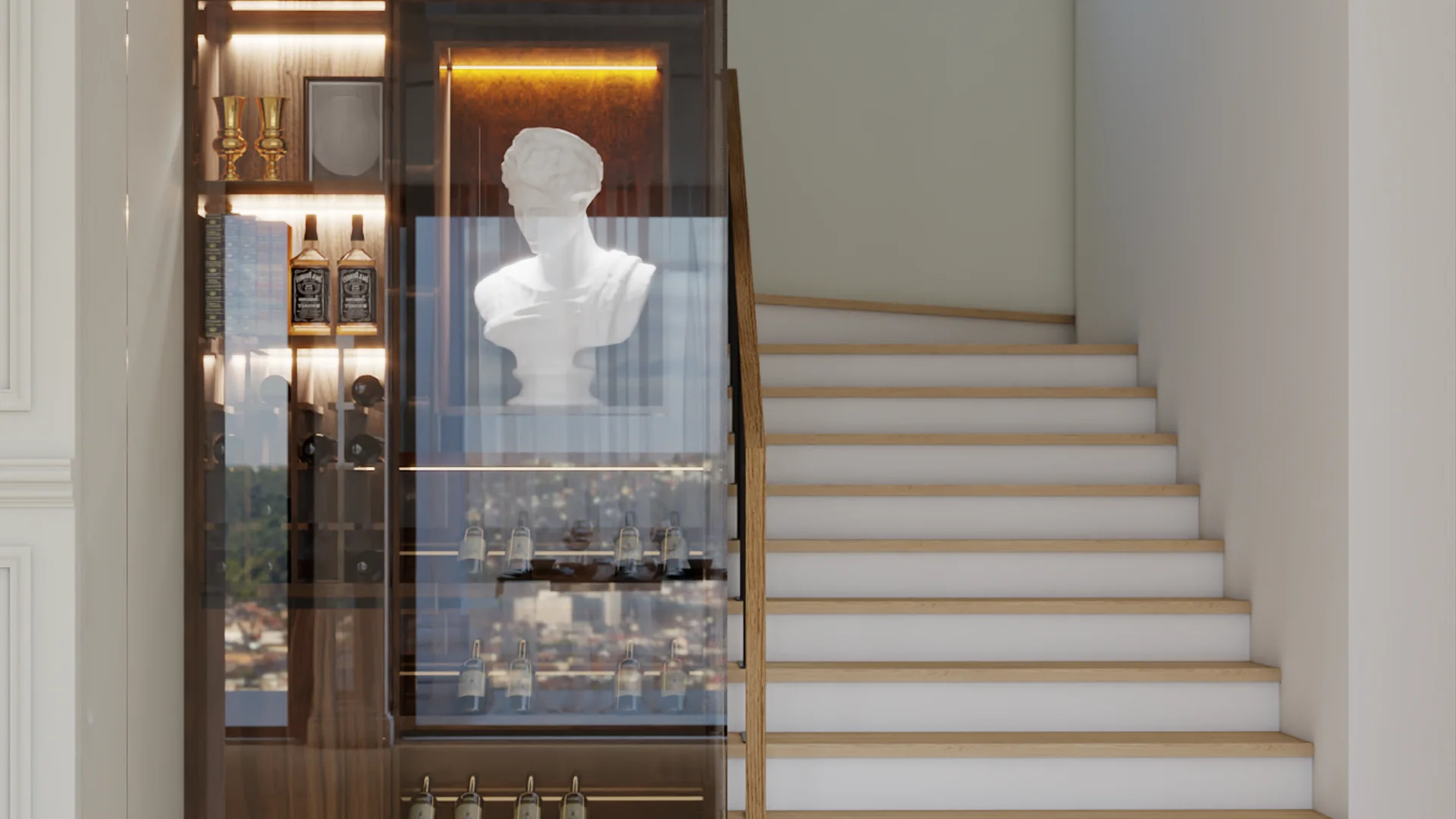 Staircase with glass-enclosed walnut bar niche beside white risers and oak treads, classical bust on LED shelf, whiskey bottles beside it, wine bottles on angled racks below, by Debora Interiors