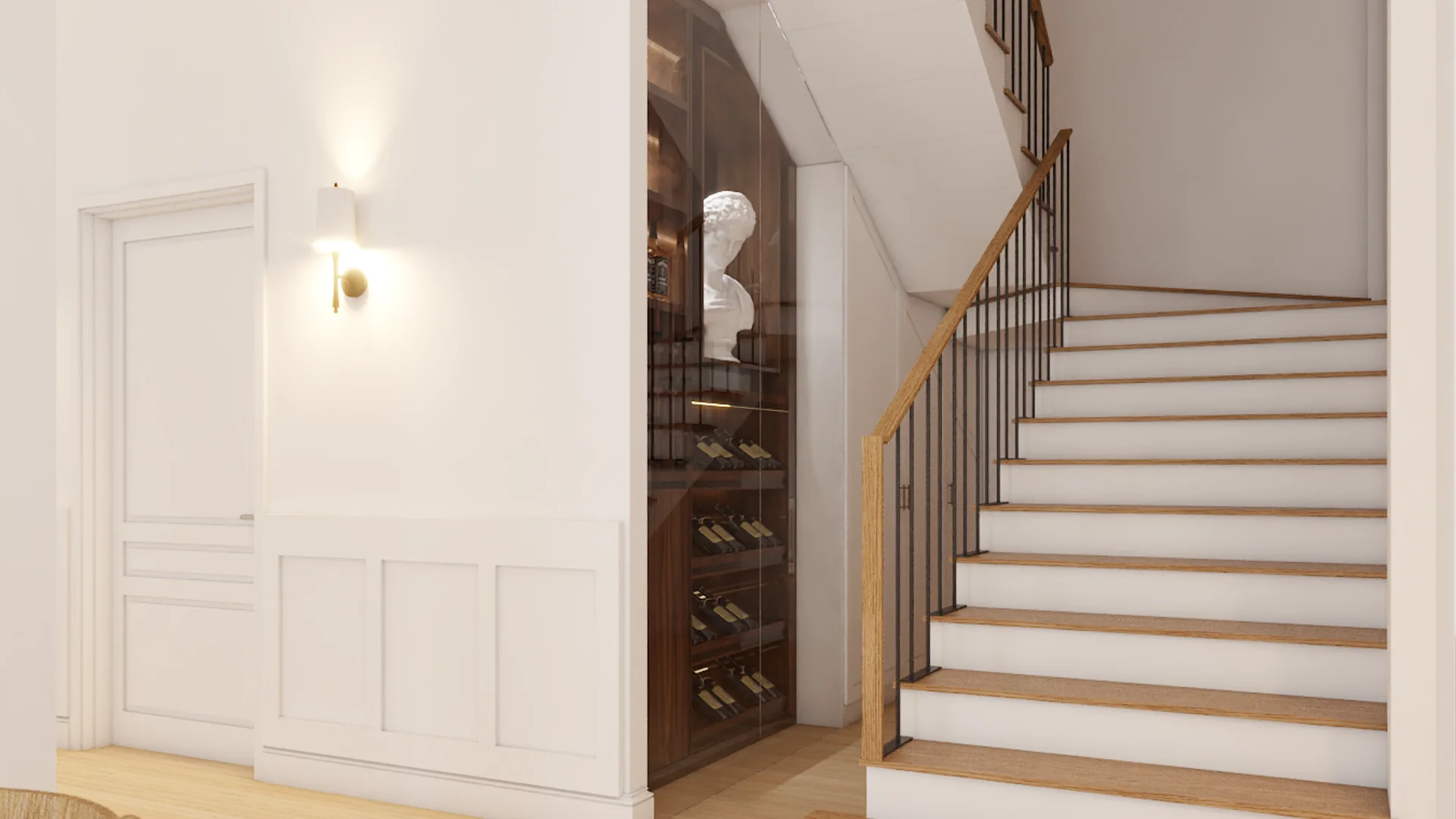 Full staircase view with oak treads, white risers, iron balusters, under-stair glass wine cellar with walnut shelving, and wainscot paneling