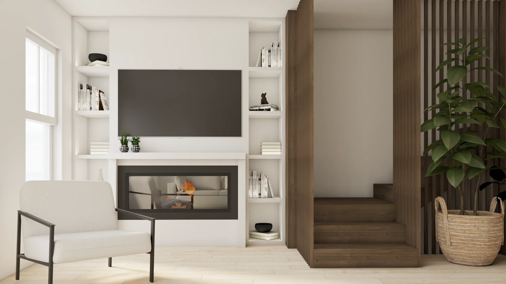 Scandinavian open-plan living room with a walnut slatted stair tower, white built-in shelves, and a gas fireplace