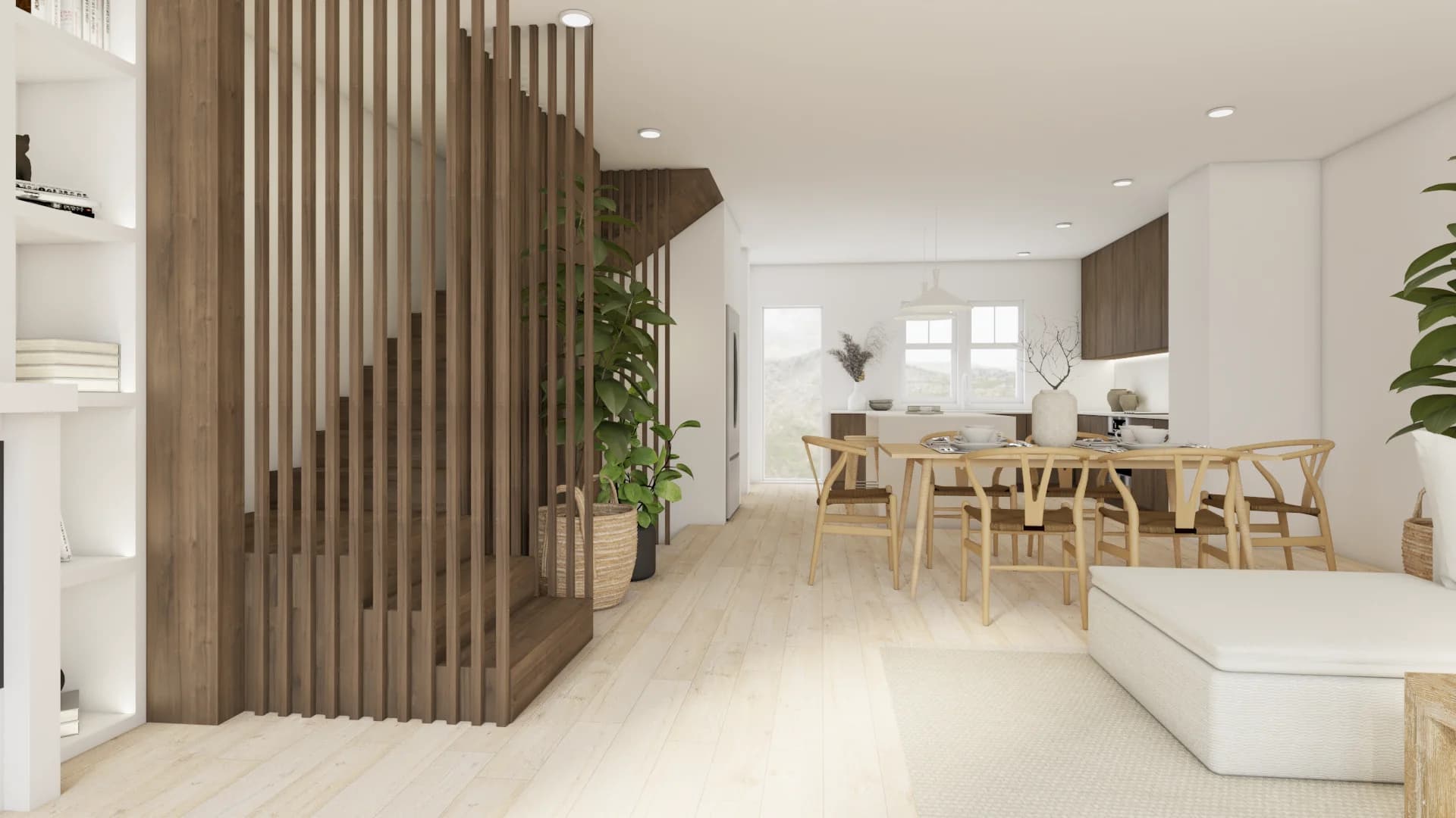 Walnut slat stair tower from dining room angle