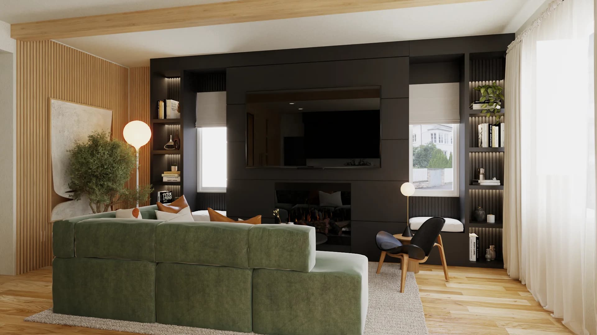 Black built-in media wall with linear fireplace, integrated bookshelves, reading bench, and accent chair