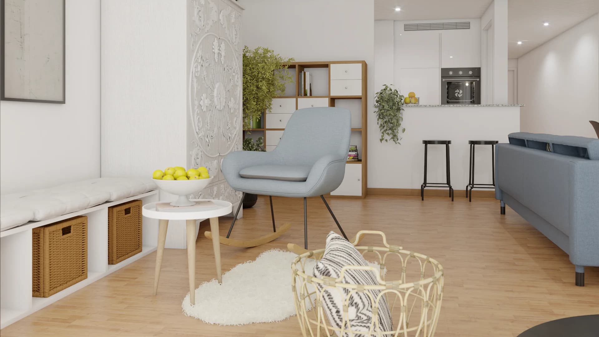 Bohemian studio with powder blue rocking chair, carved mandala wall panel, wicker baskets, and herringbone wood floor
