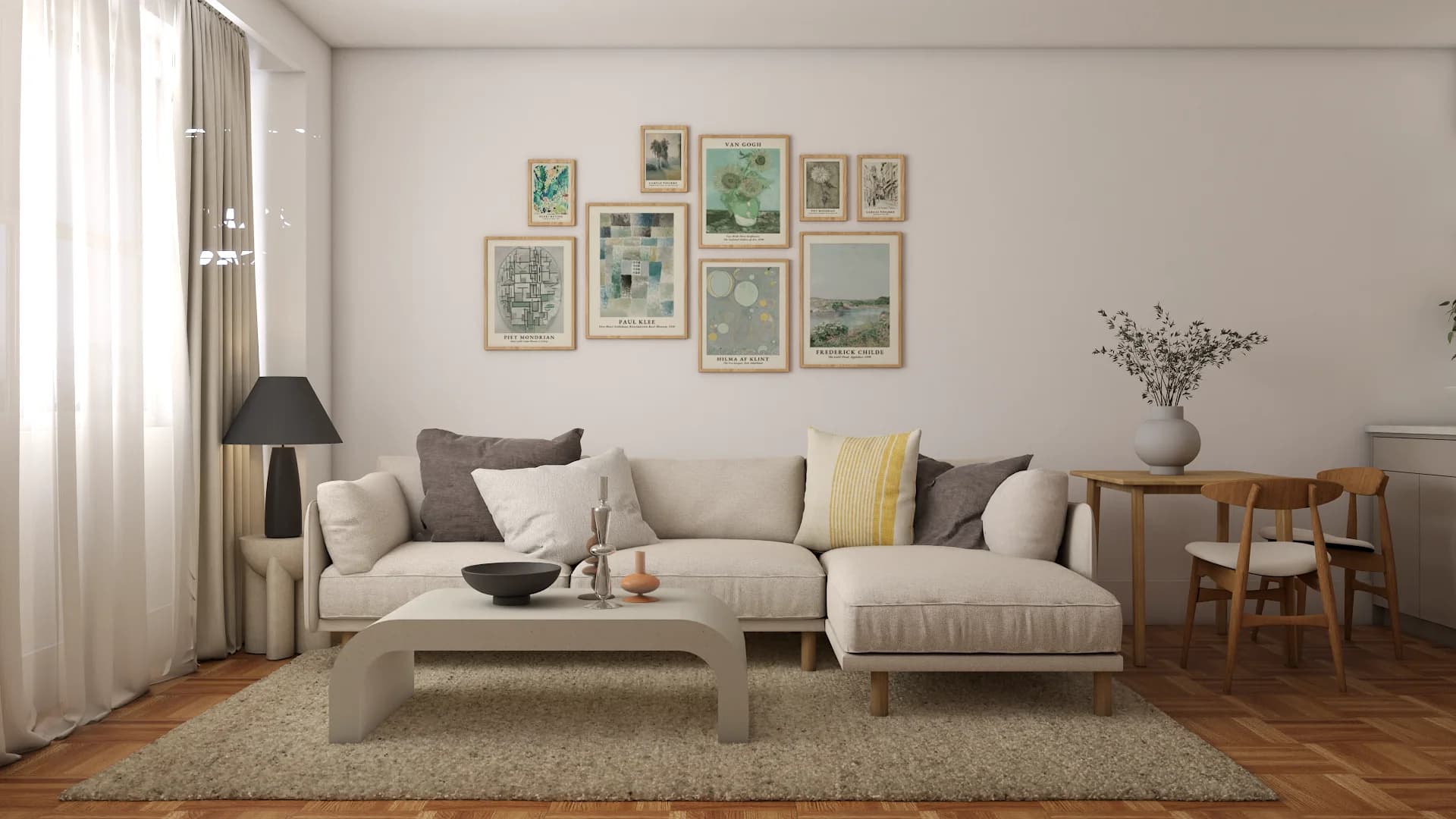 Cream sectional facing nine-piece botanical gallery wall in sage and teal tones with coffee table and floor lamp