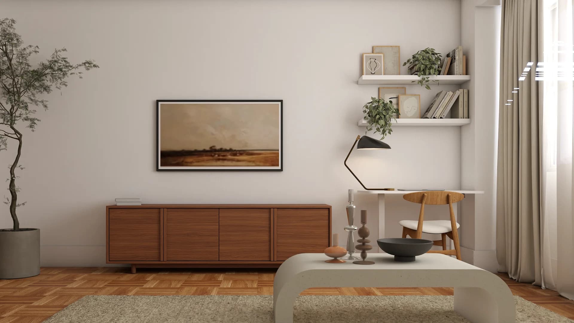 Media wall with walnut console, landscape painting, floating shelves, and work desk beside window