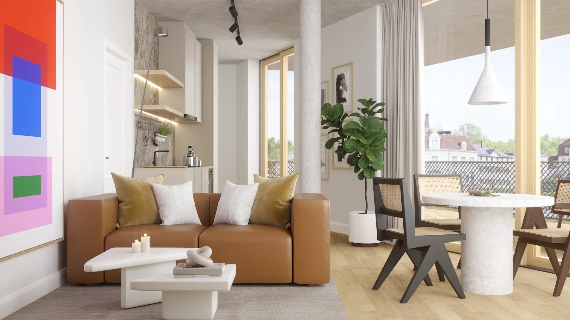 Open-plan studio with caramel leather sofa, concrete columns, red-blue abstract painting, and marble dining table