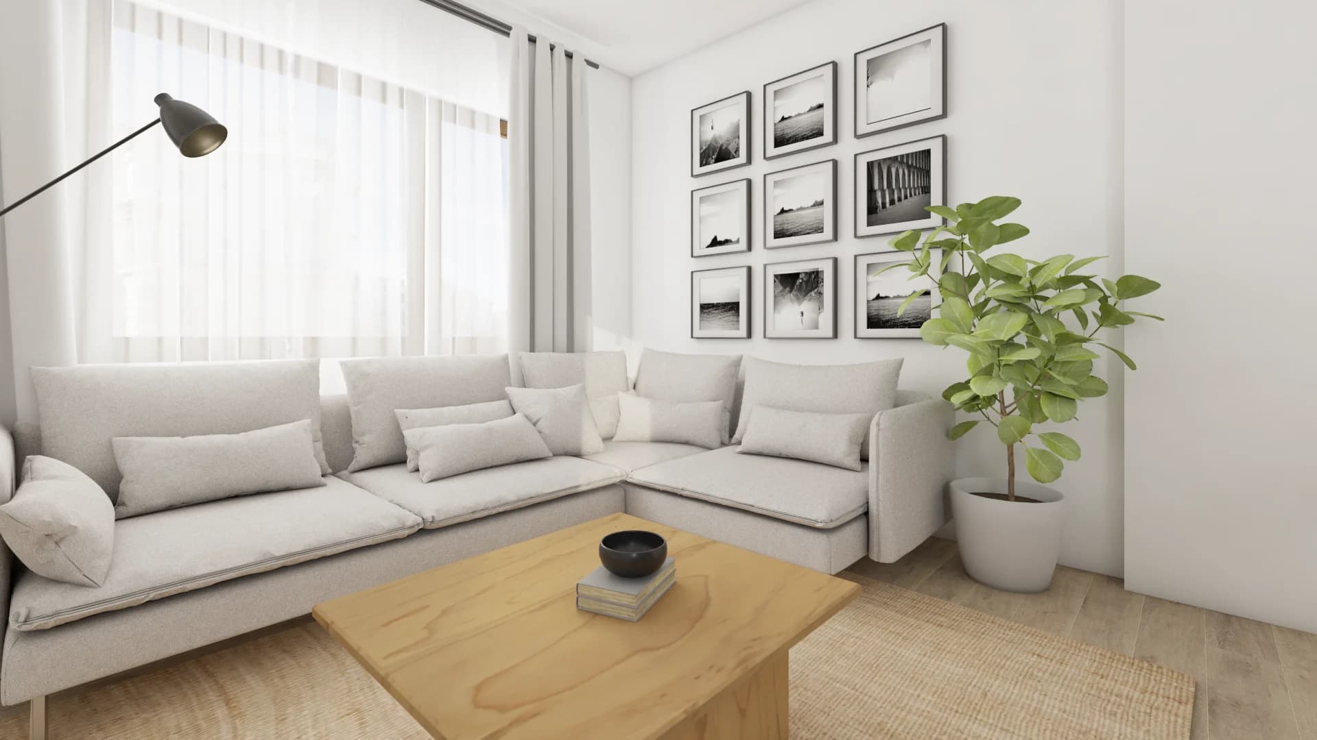 Cream sectional with nine-piece black and white photo gallery wall, oak coffee table and floor plant