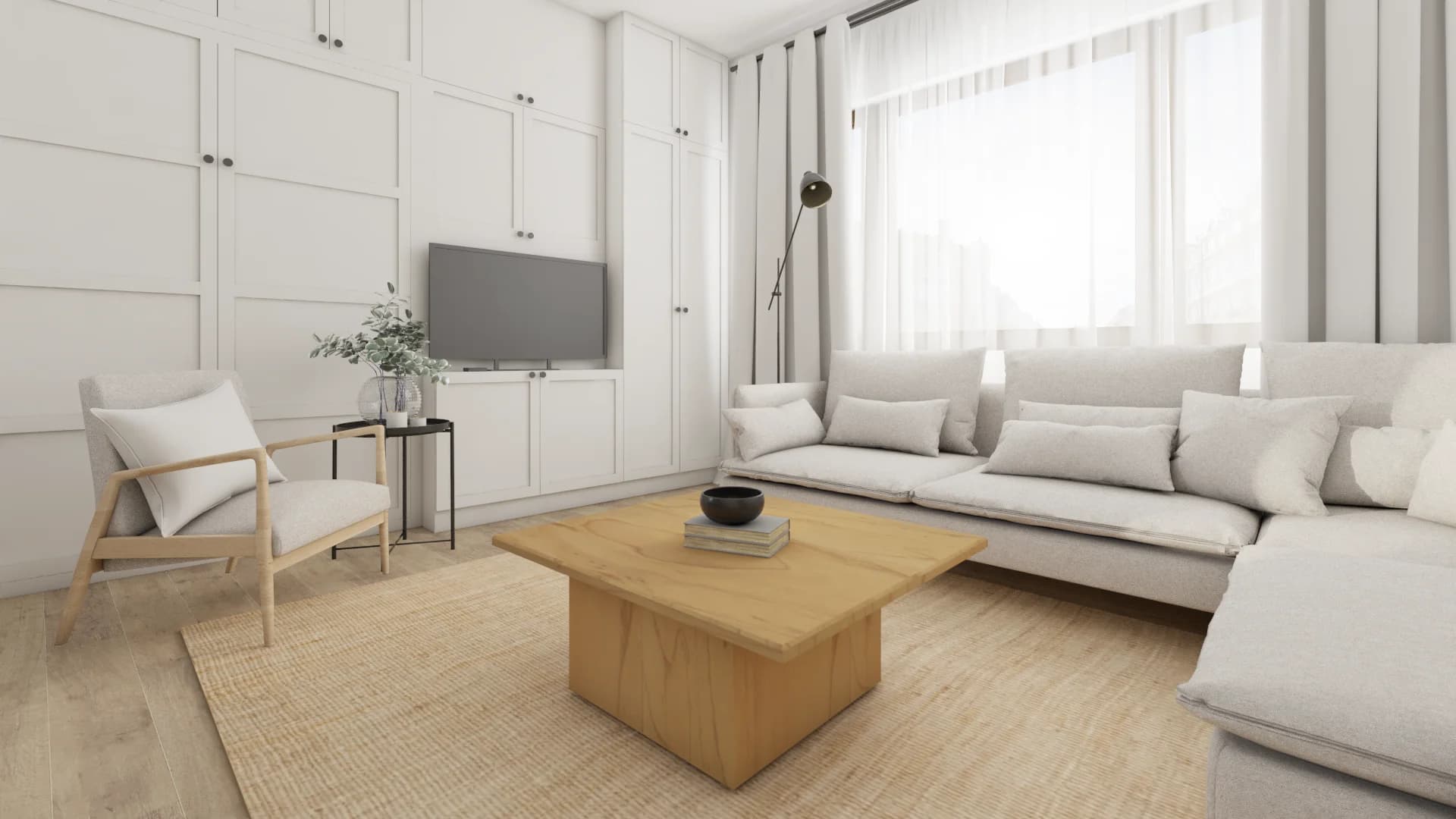 Cream sectional sofa facing white panel TV wall with oak coffee table and jute rug