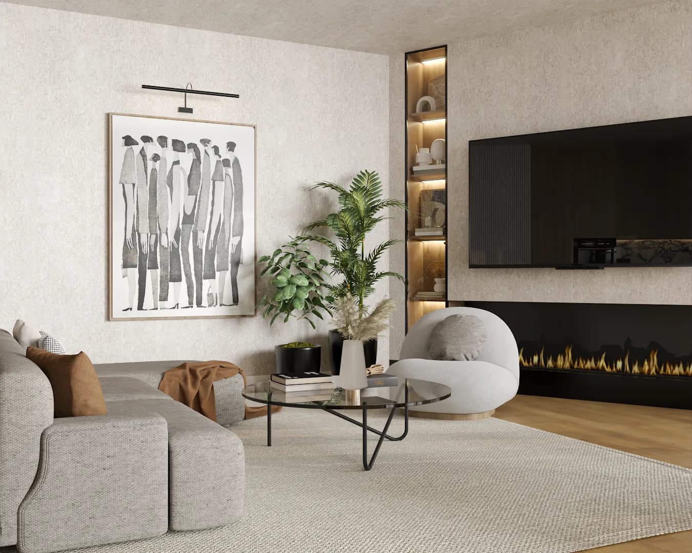 Neutral studio living room with linear gas fireplace, lit niche shelving, bubble accent chair, and figurative artwork