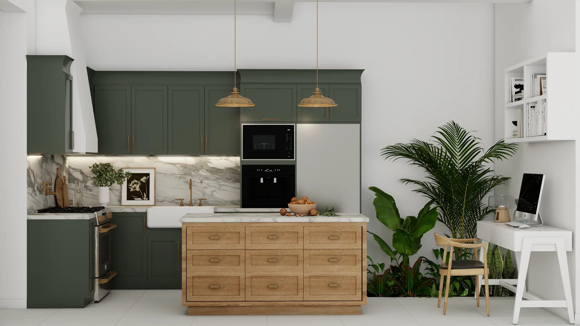 Green shaker kitchen with oak island, marble backsplash, and white desk workspace nook