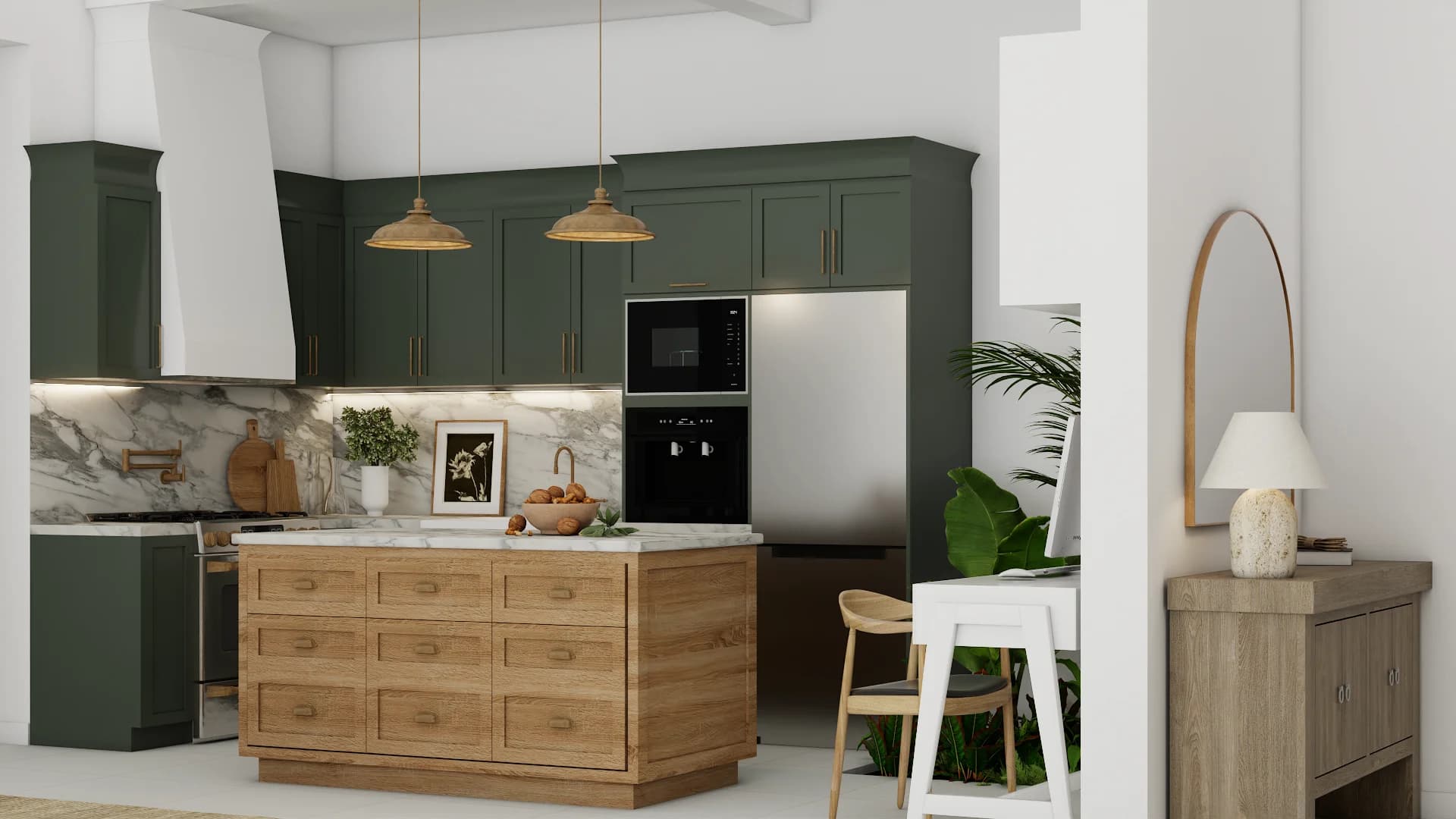 Green shaker kitchen with oak island, marble backsplash, brass pendants and stainless appliances