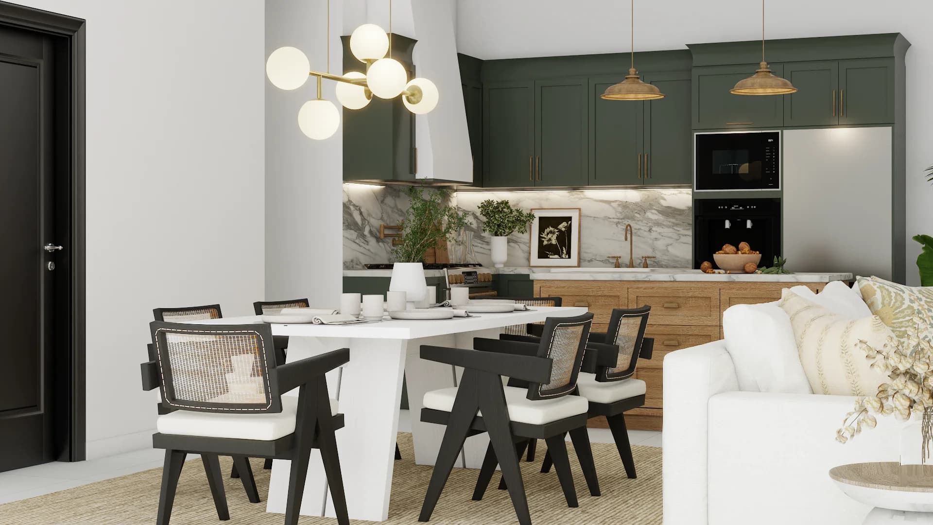 Open-plan studio with forest green shaker cabinets, oak island, marble backsplash, and black rattan dining chairs
