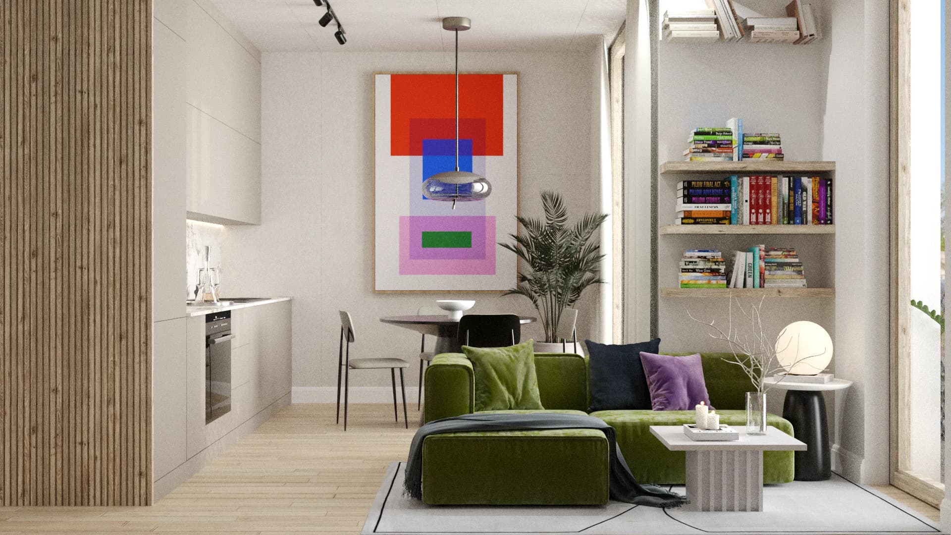 Studio with green velvet sectional, red-blue abstract painting, oak slat wall, white kitchen, and book shelving