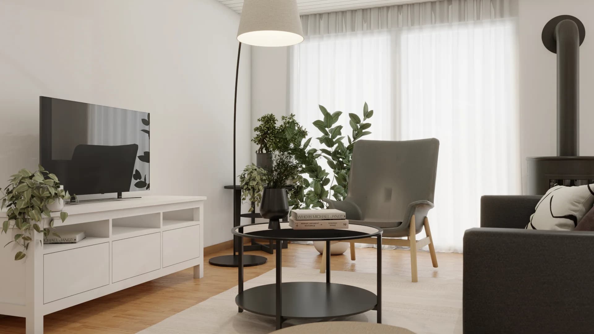 Studio living zone with wood stove, wingback chair, black coffee table, and white TV console on herringbone floor