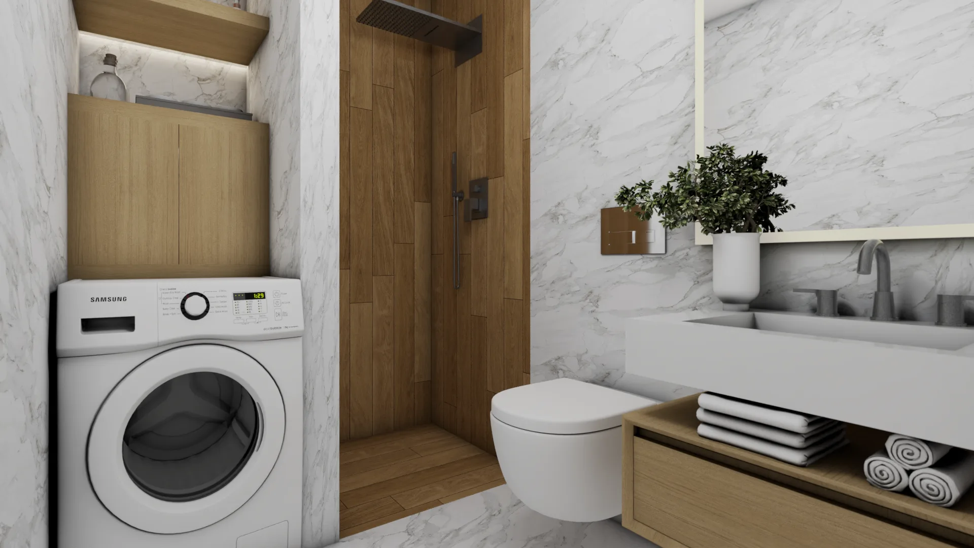 Marble bathroom with floating oak vanity, wall-hung toilet, wood shower surround, and plant