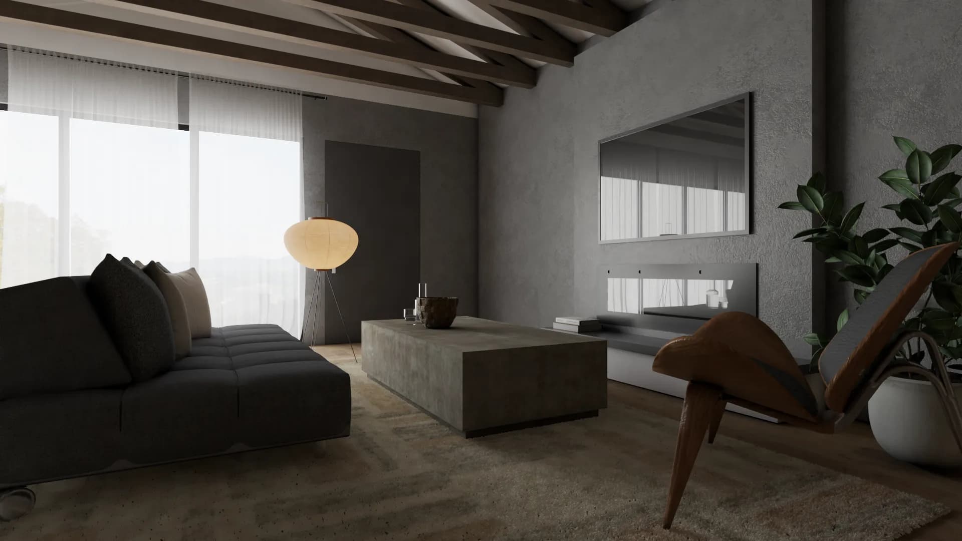 Linear fireplace with mirror, concrete coffee table, shell chair, and paper lantern in loft