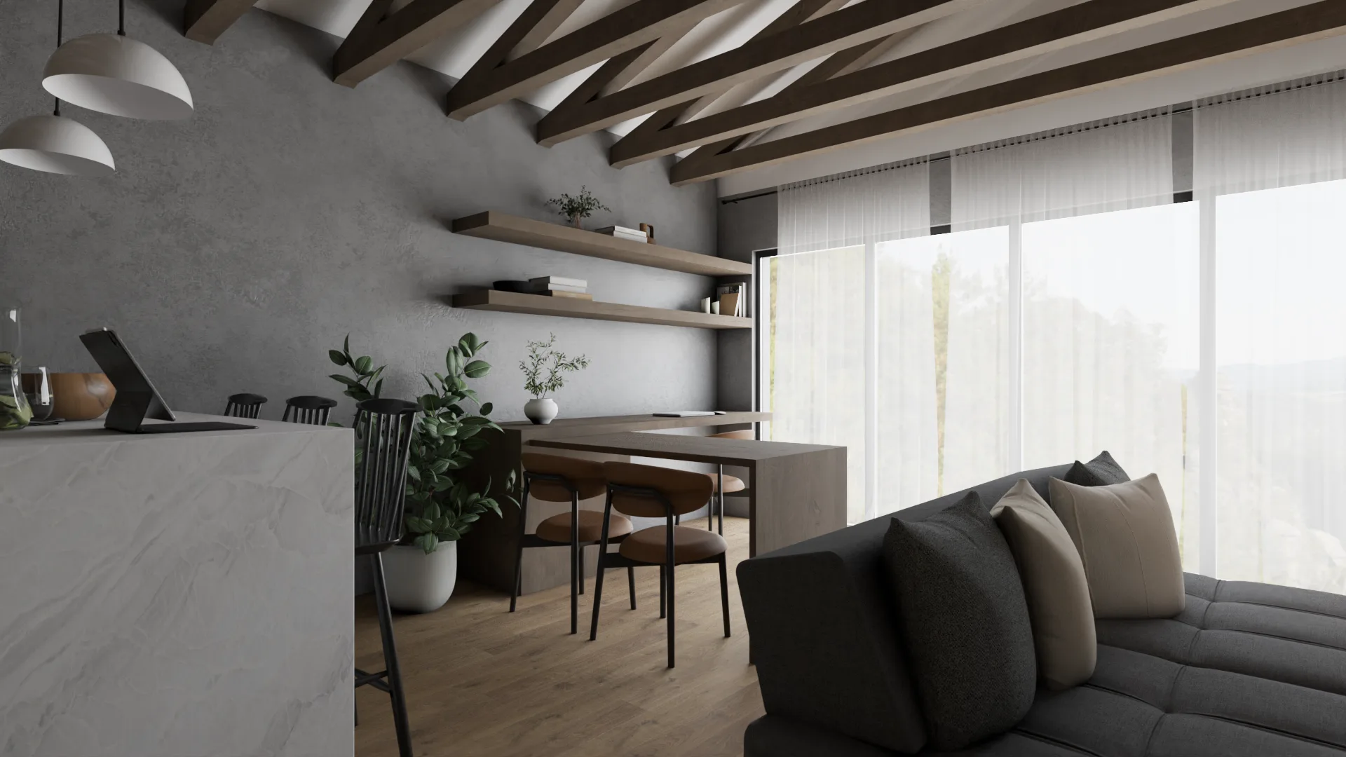Floating walnut shelves on concrete wall with black spindle dining chairs and potted plants