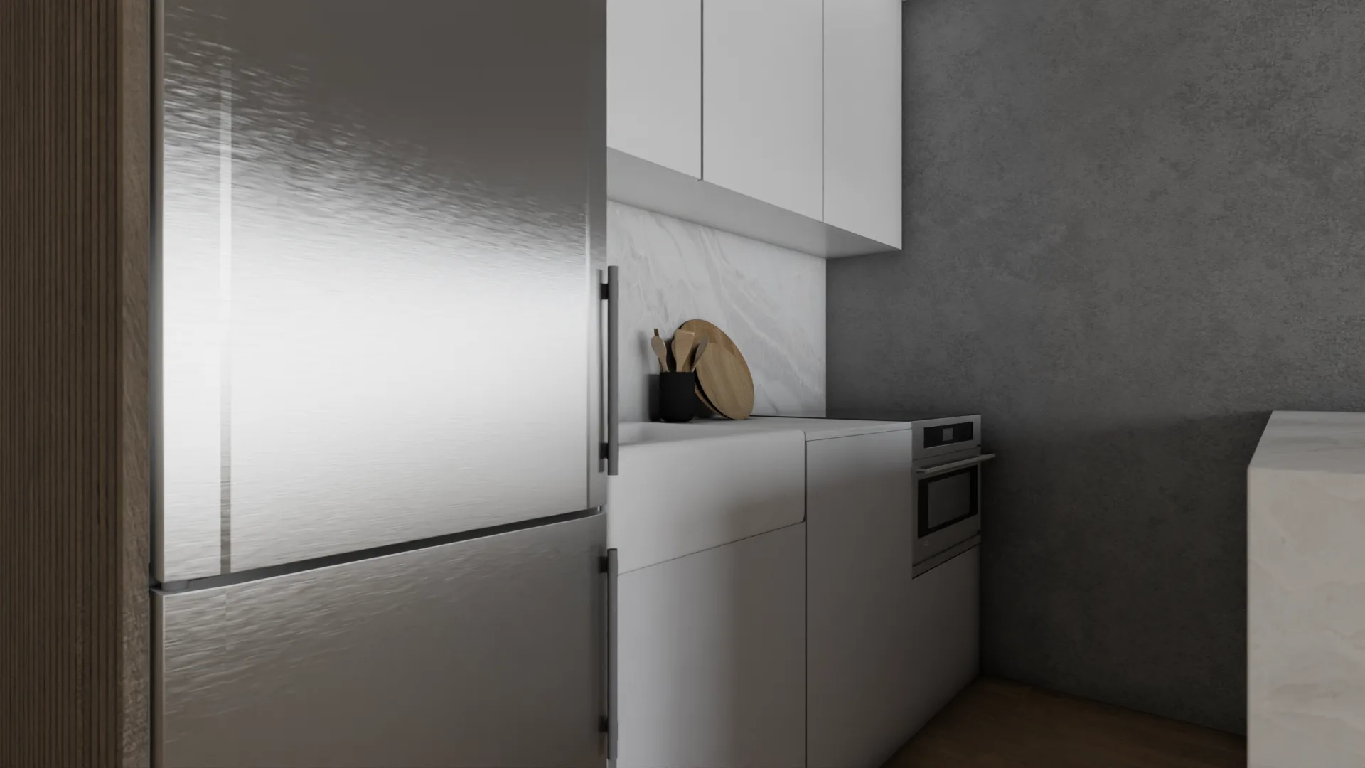 Compact kitchen wall with stainless fridge, flat-panel white cabinets, and built-in oven