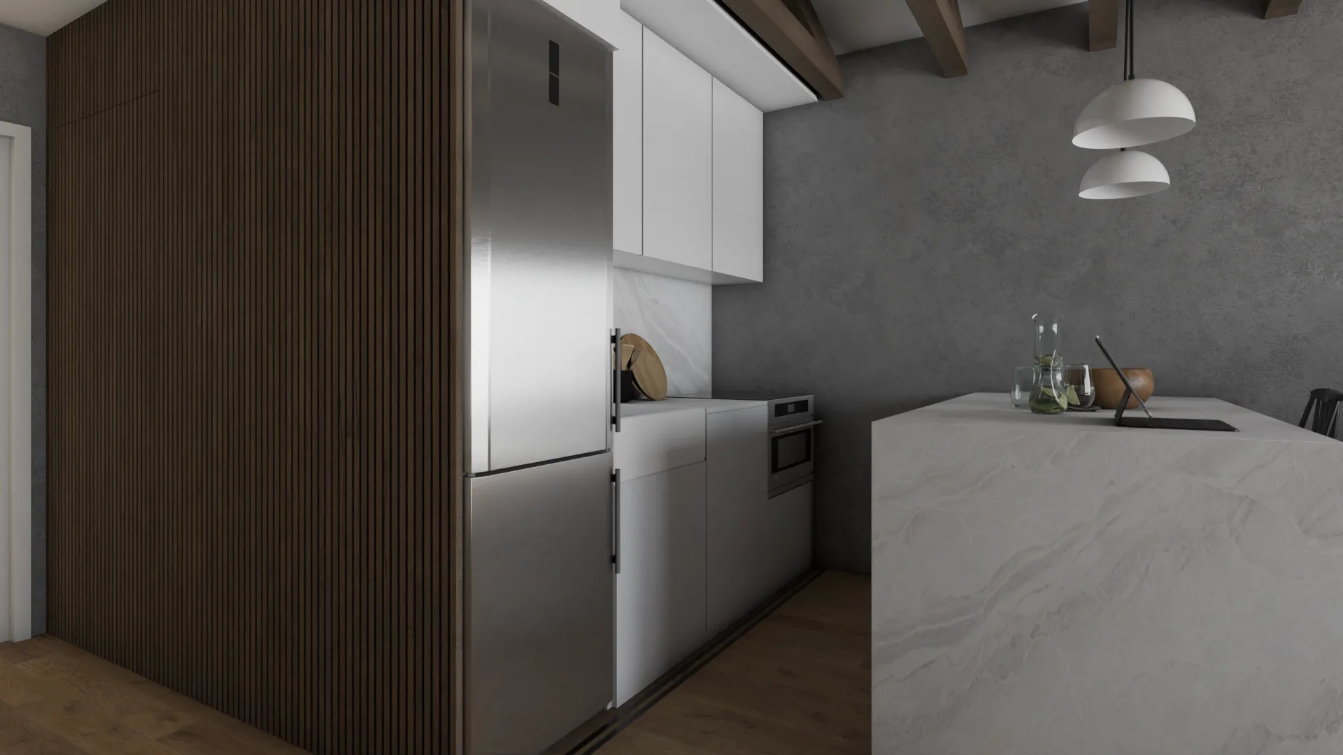 Walnut slat partition, stainless fridge, white cabinets, and marble counter in loft kitchen