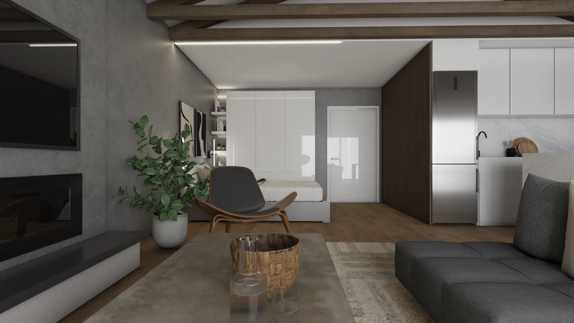 Gray modular sofa, shell chair, and wall-mounted TV with LED strip in Japandi loft studio