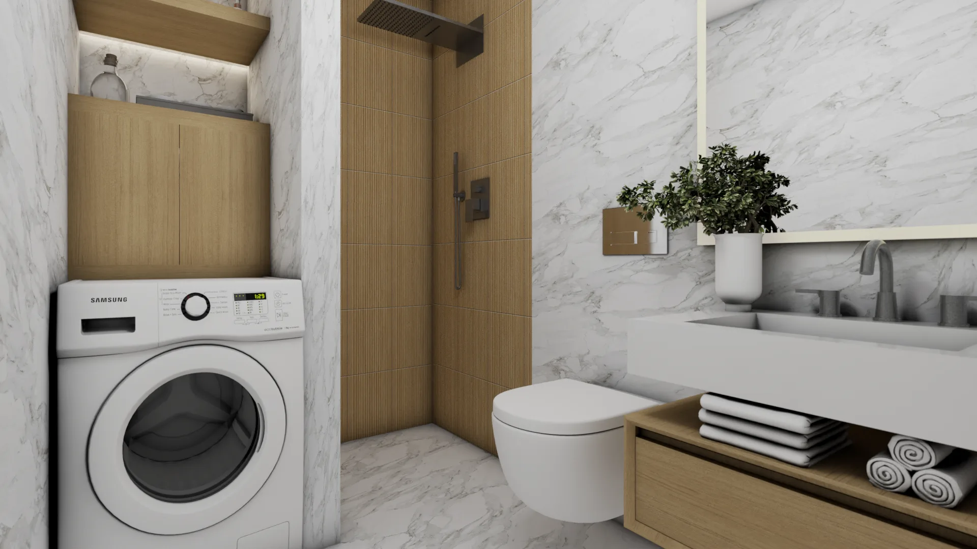 Marble-walled bathroom with washing machine alcove, wood-clad shower, and floating oak vanity
