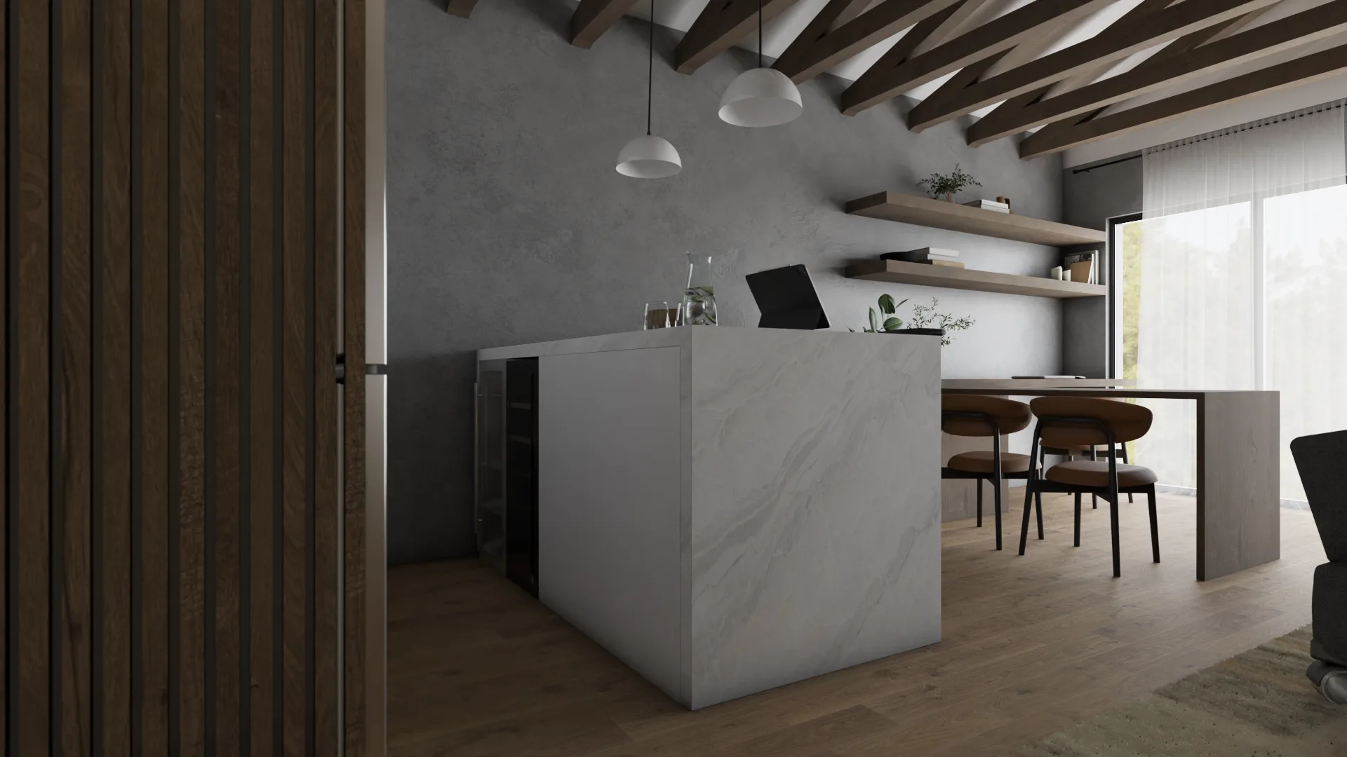 Walnut slat partition framing marble kitchen island with dome pendant lights from entry
