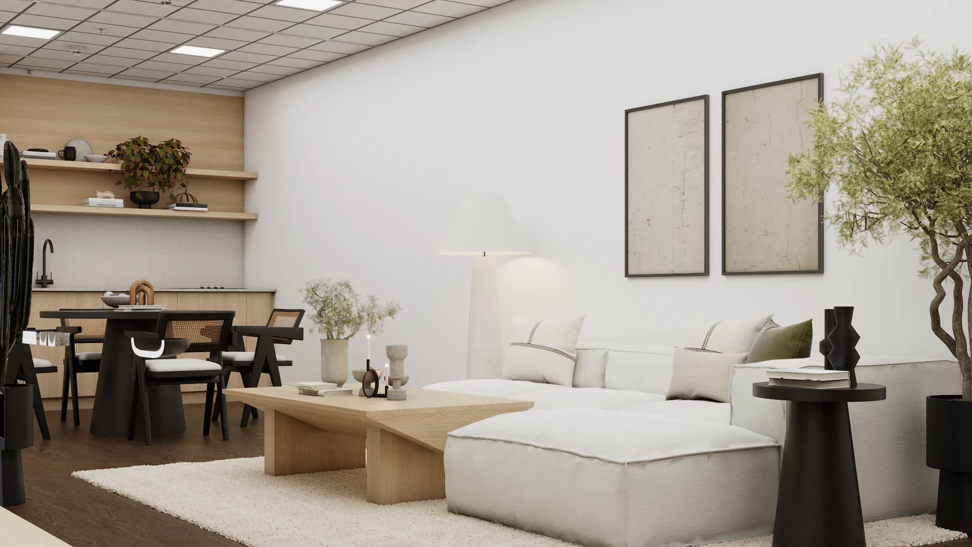 Japandi studio living and dining zone with white sectional, natural wood coffee table, and olive tree