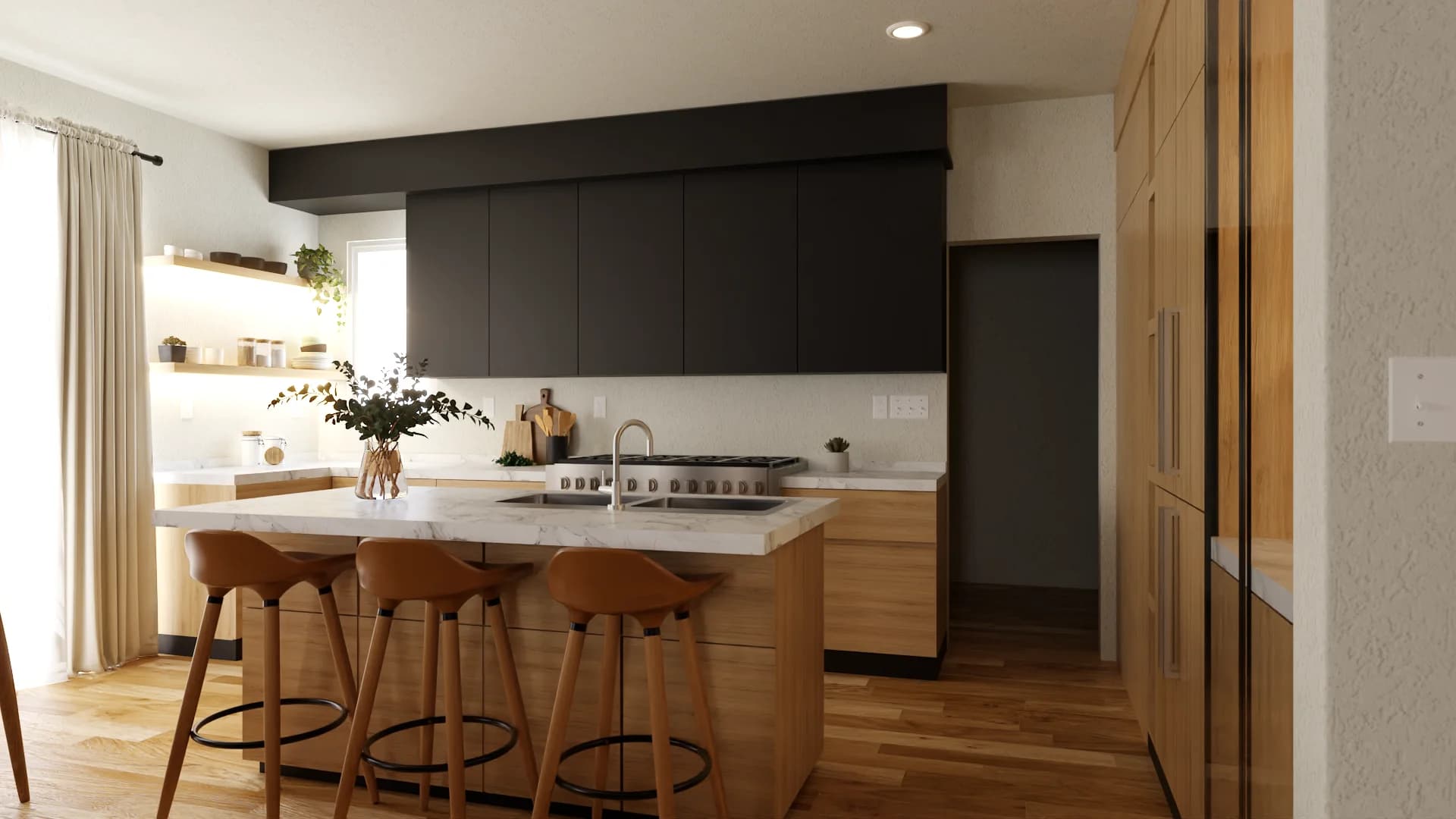 Kitchen with white marble waterfall island, cognac leather stools, black uppers, and oak lower cabinets