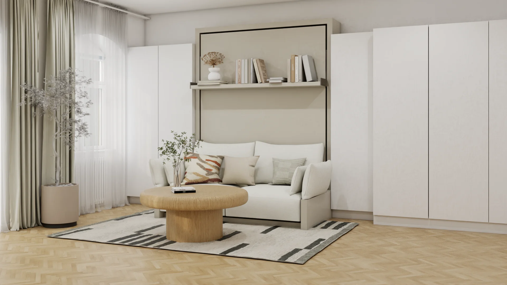 Cream Murphy sofa wall unit above herringbone parquet, round oak coffee table, geometric rug in studio apartment