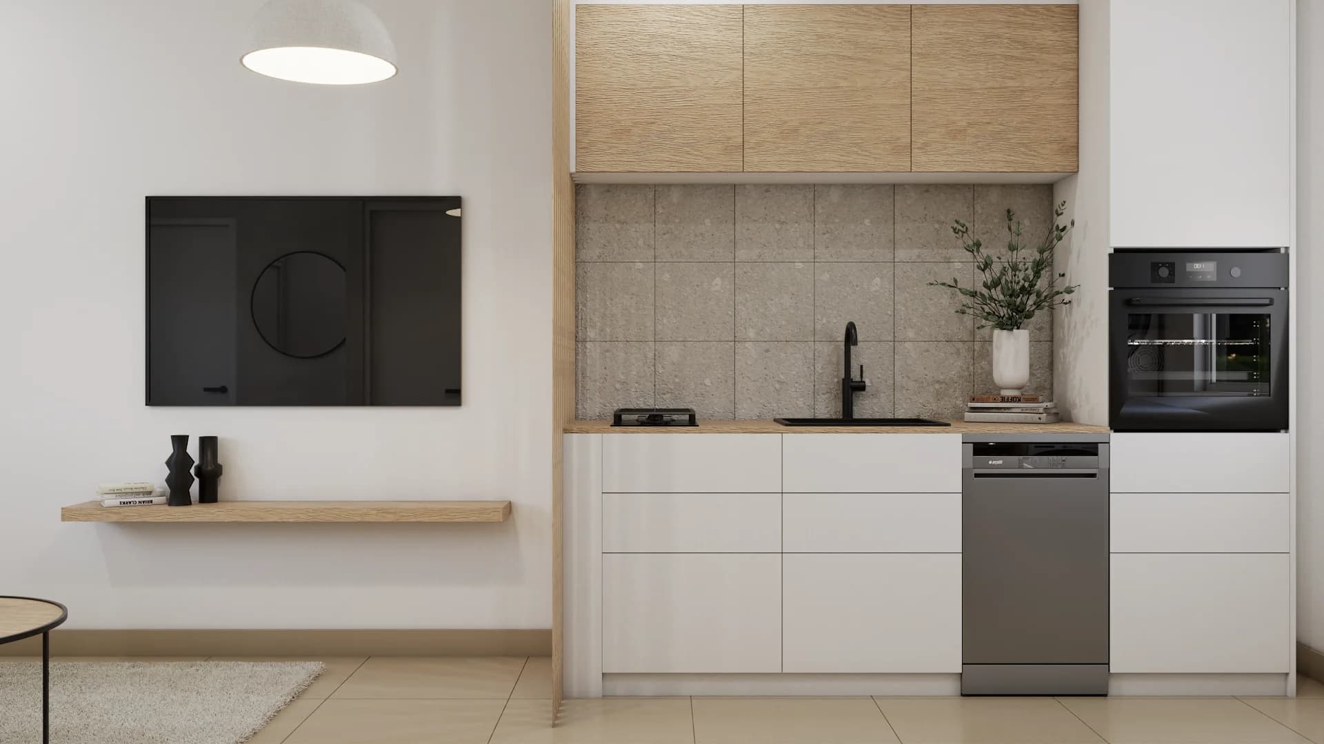 Compact kitchenette with oak upper cabinets, stone tile backsplash, black matte faucet, and column oven