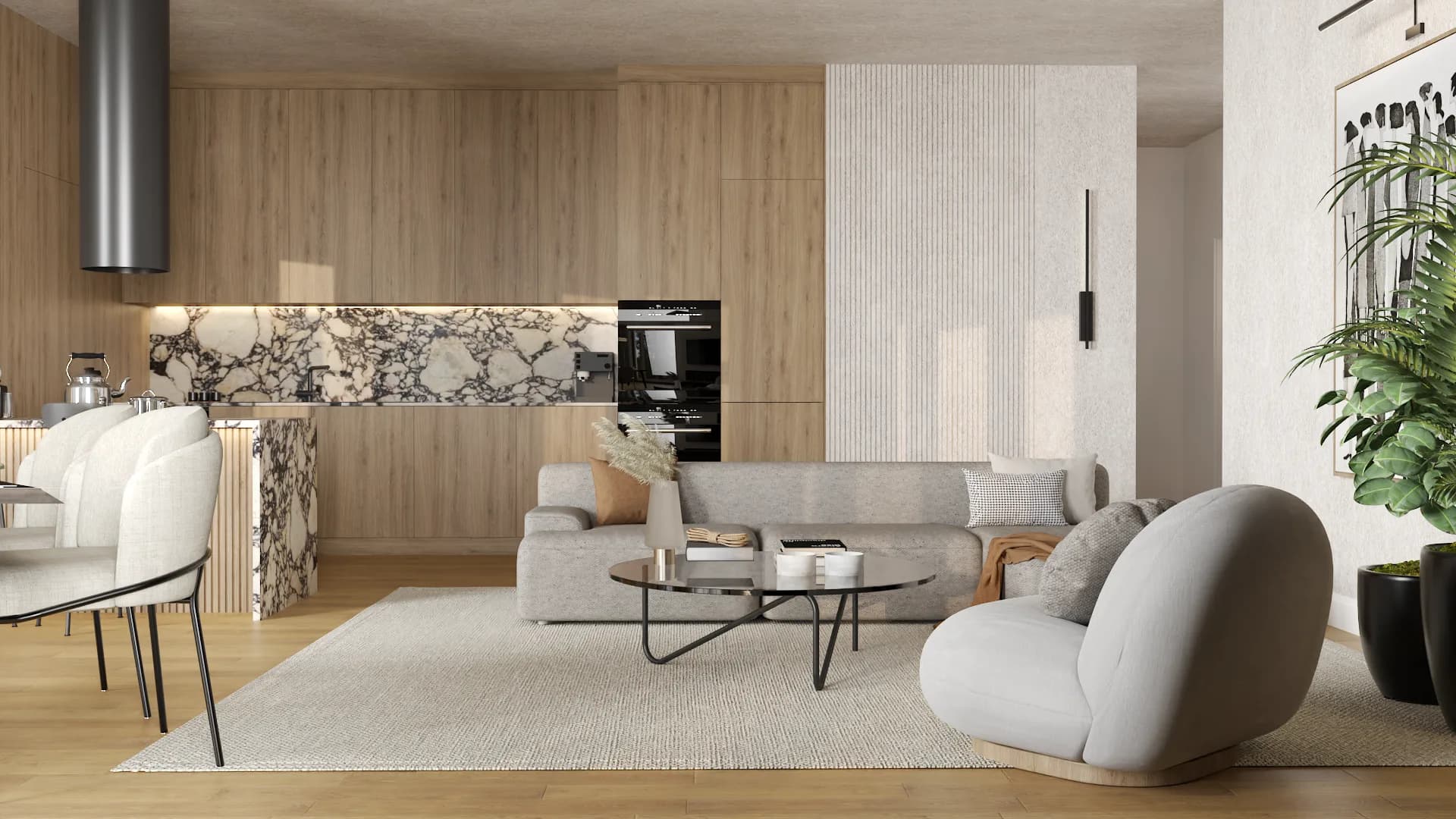 Open-plan studio with full oak veneer kitchen wall, violet marble island, grey sectional, and bubble accent chair