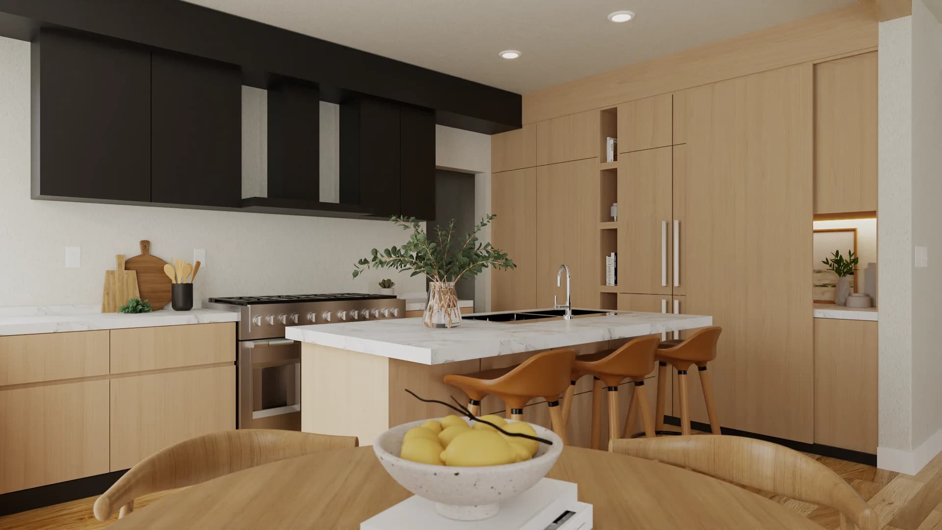 Kitchen view from dining table with oak pantry wall, fruit bowl centerpiece, marble island, and stainless range