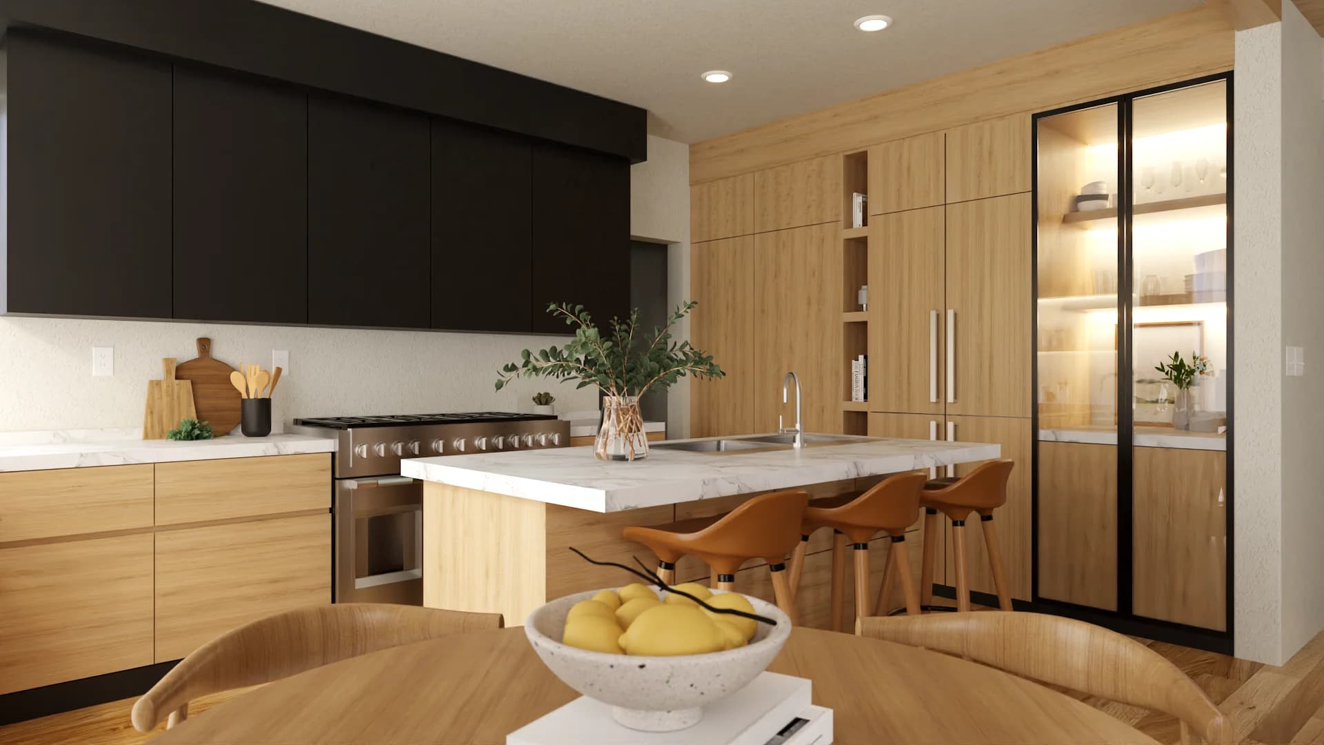 Open kitchen with full-height oak pantry wall, glass display cabinet, marble island, and dining table foreground
